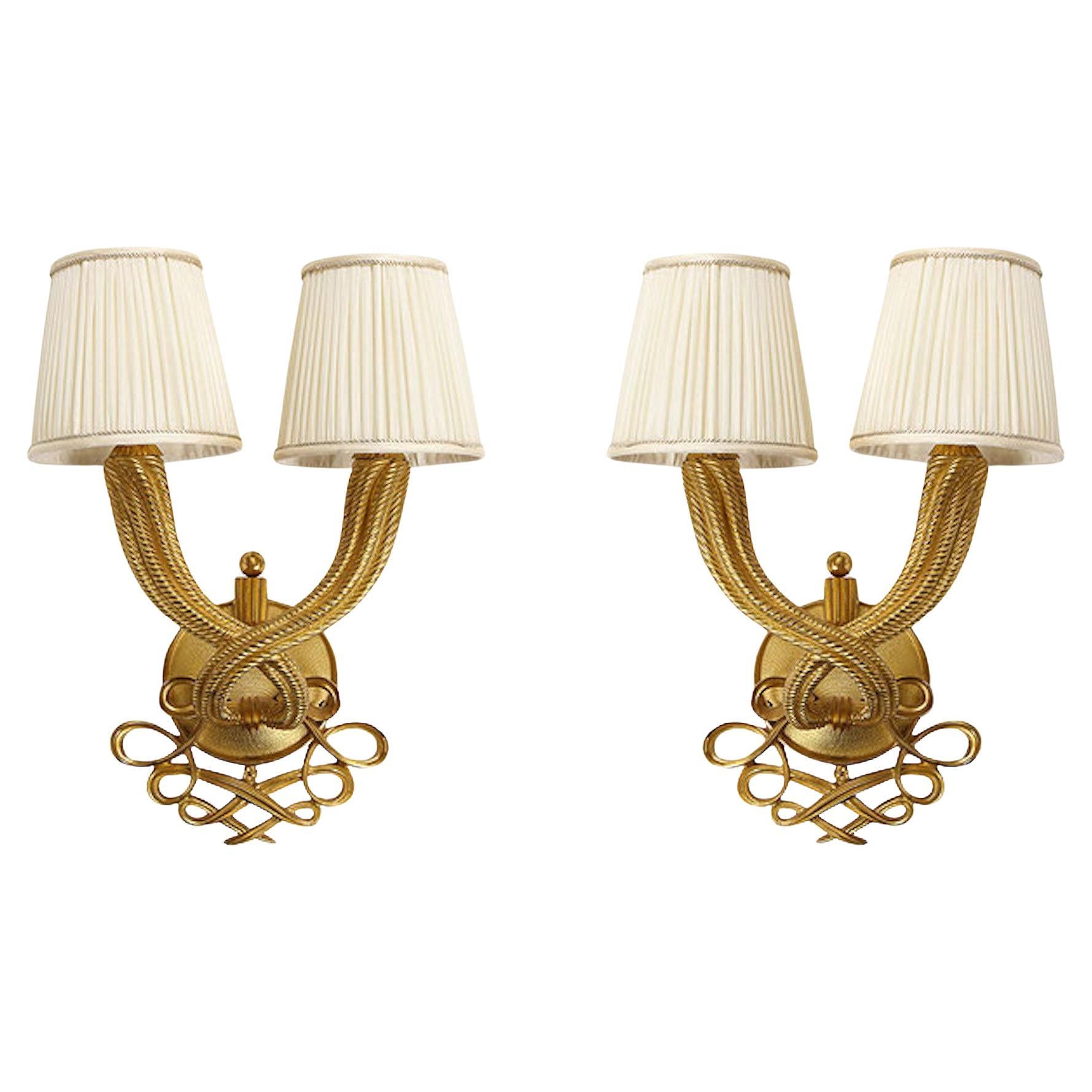 Elegant Pair of Jules and André Leleu Gilt-Bronze Double Torsade Sconces