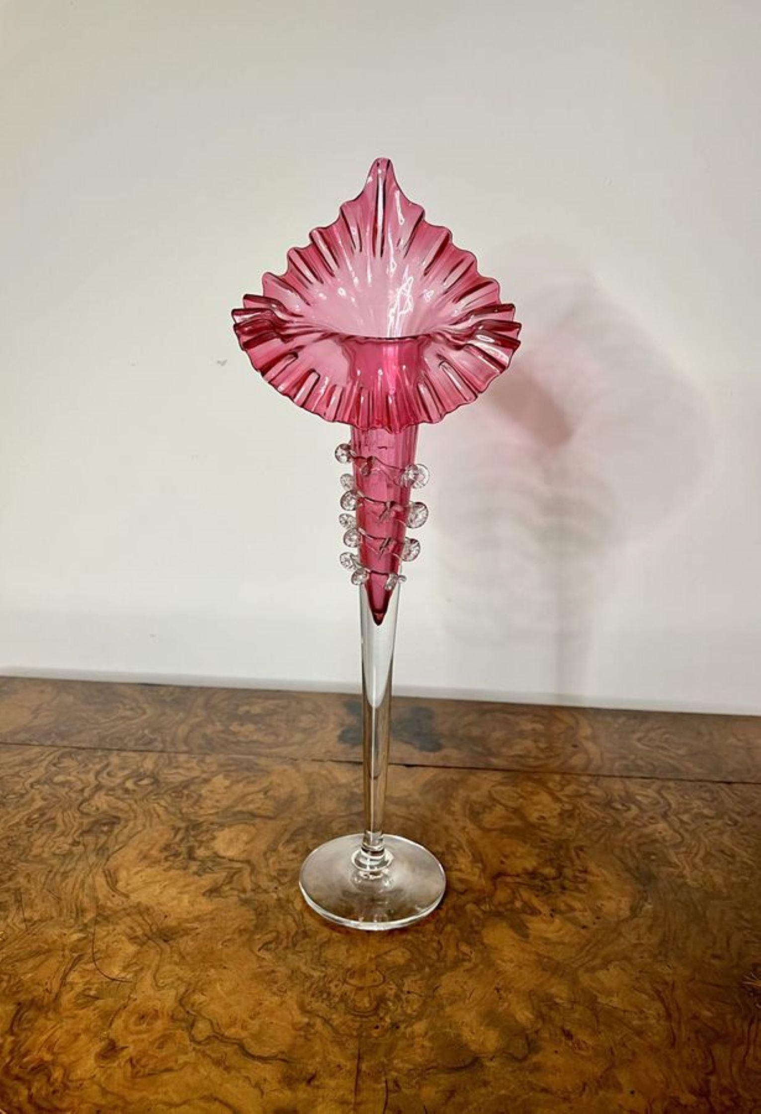 Elegant pair of large antique Victorian cranberry glass jack in the pulpit vases In Good Condition For Sale In Ipswich, GB