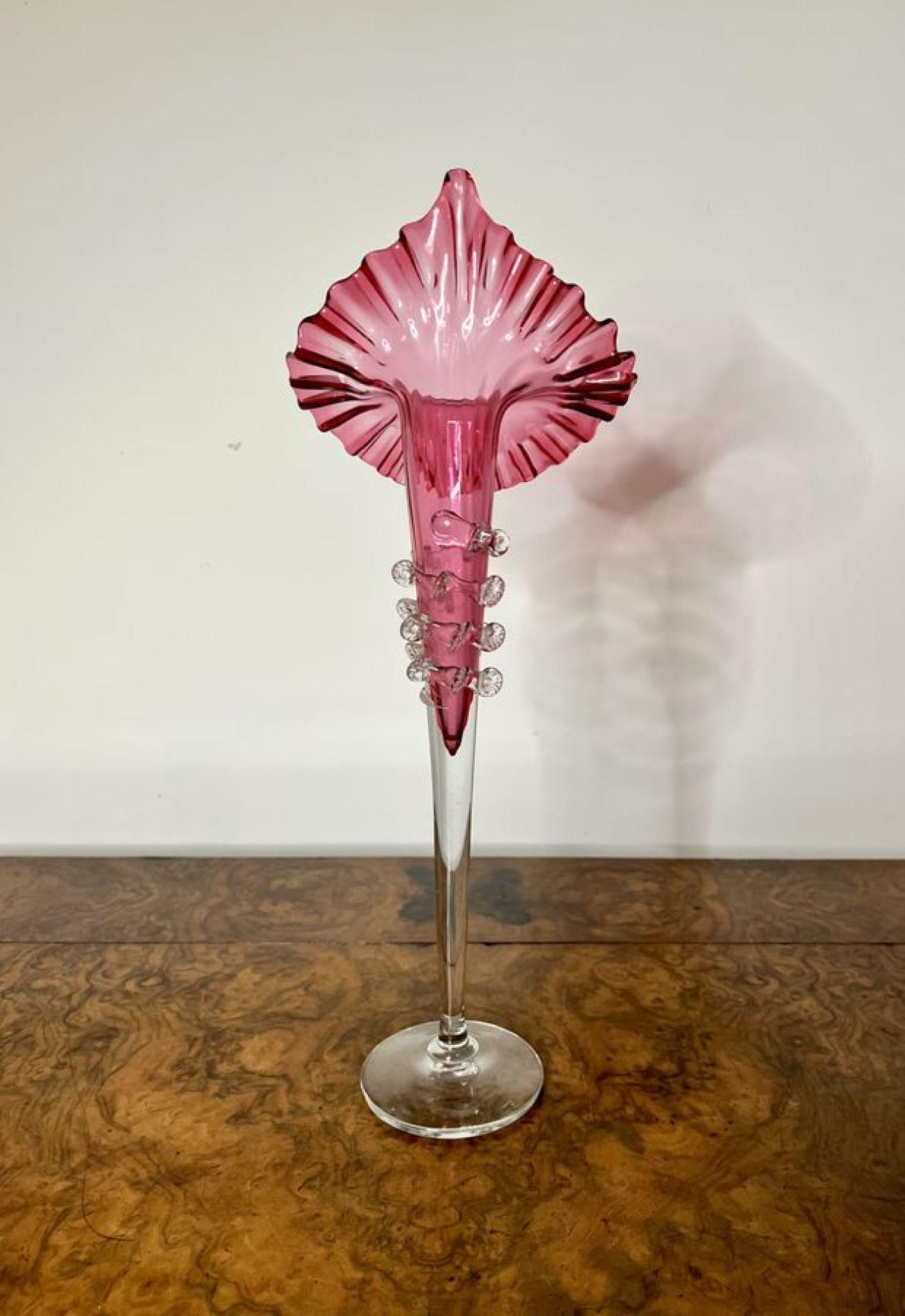 19th Century Elegant pair of large antique Victorian cranberry glass jack in the pulpit vases For Sale