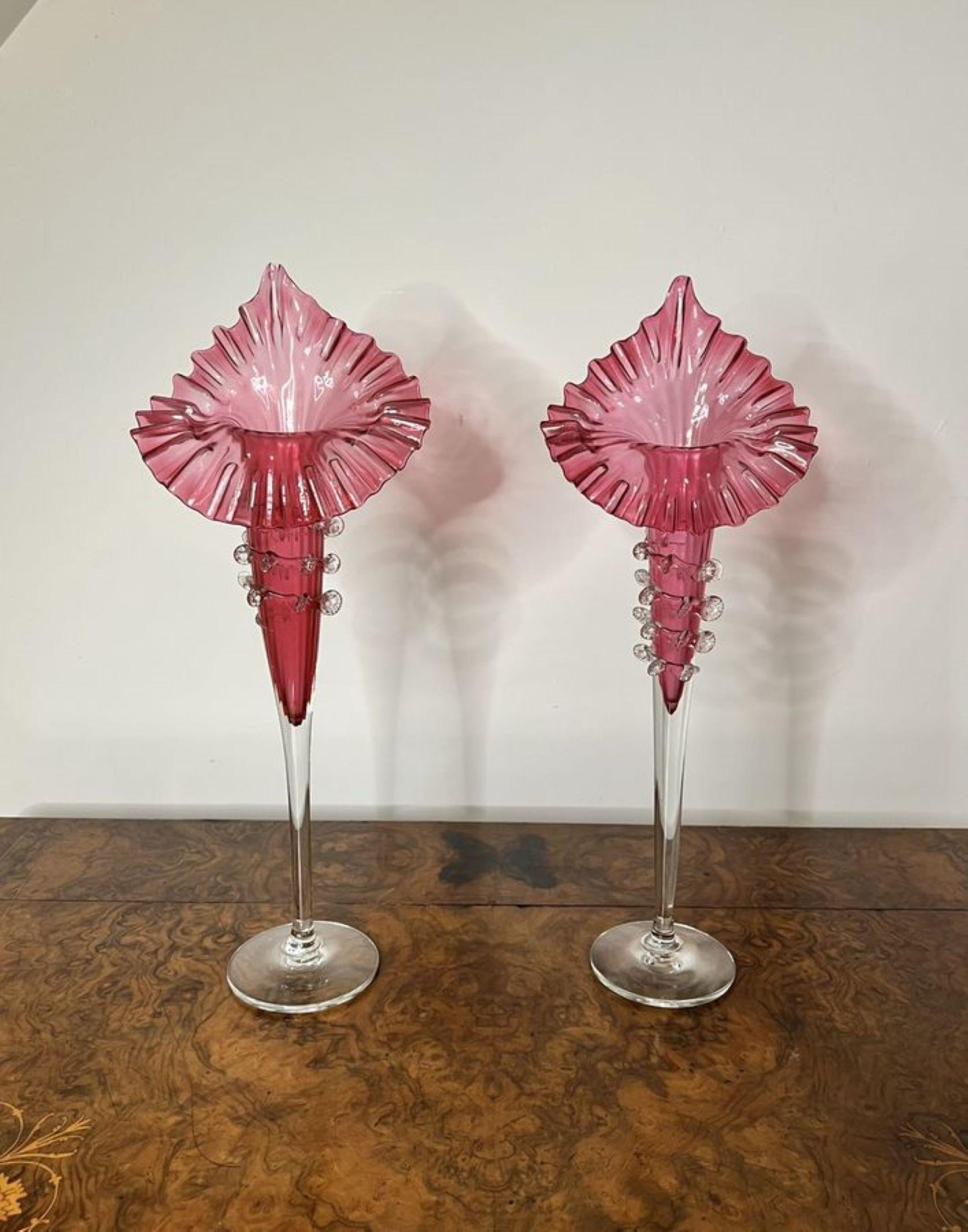 Glass Elegant pair of large antique Victorian cranberry glass jack in the pulpit vases For Sale