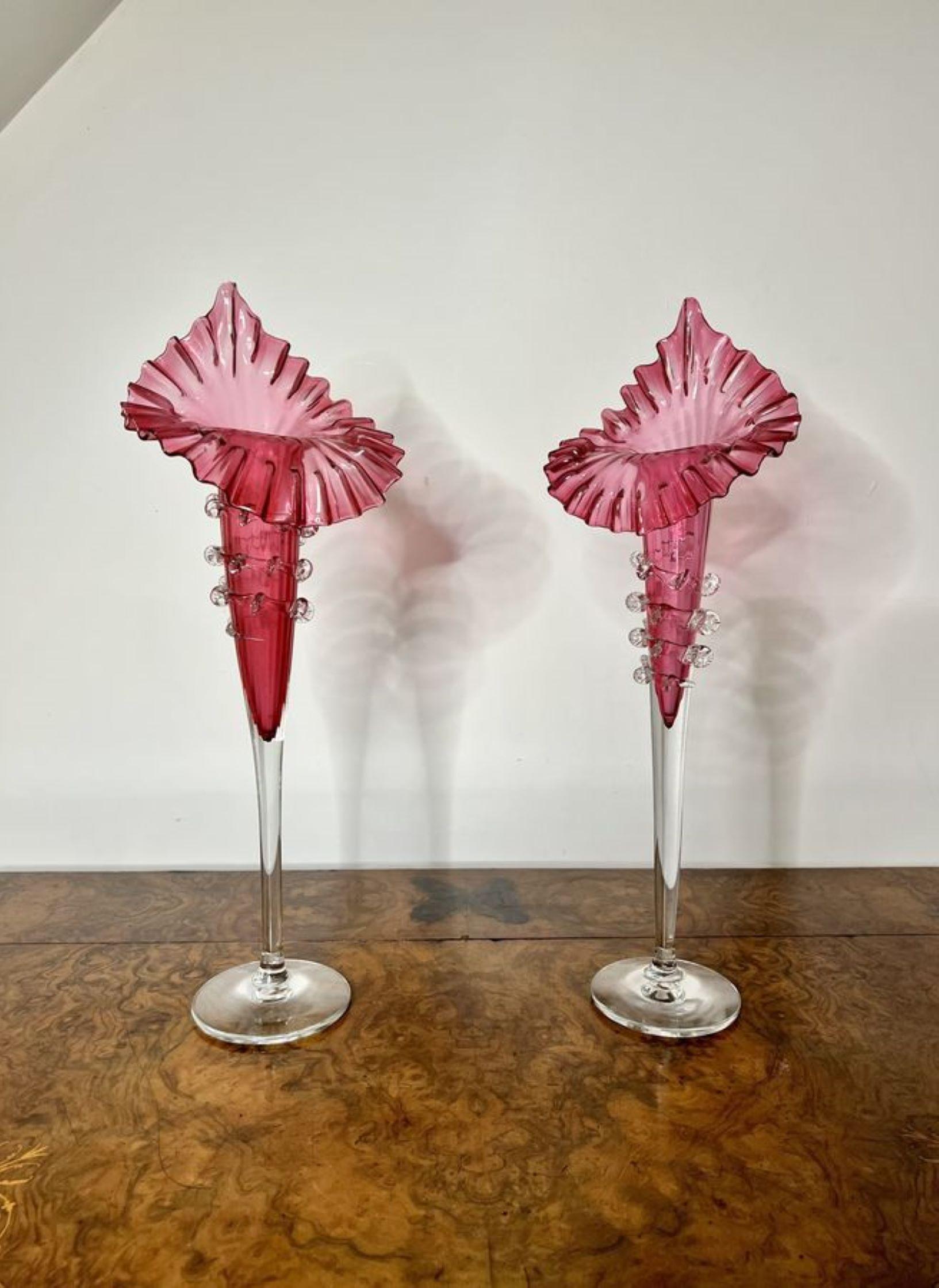 Elegant pair of large antique Victorian cranberry glass jack in the pulpit vases For Sale 1
