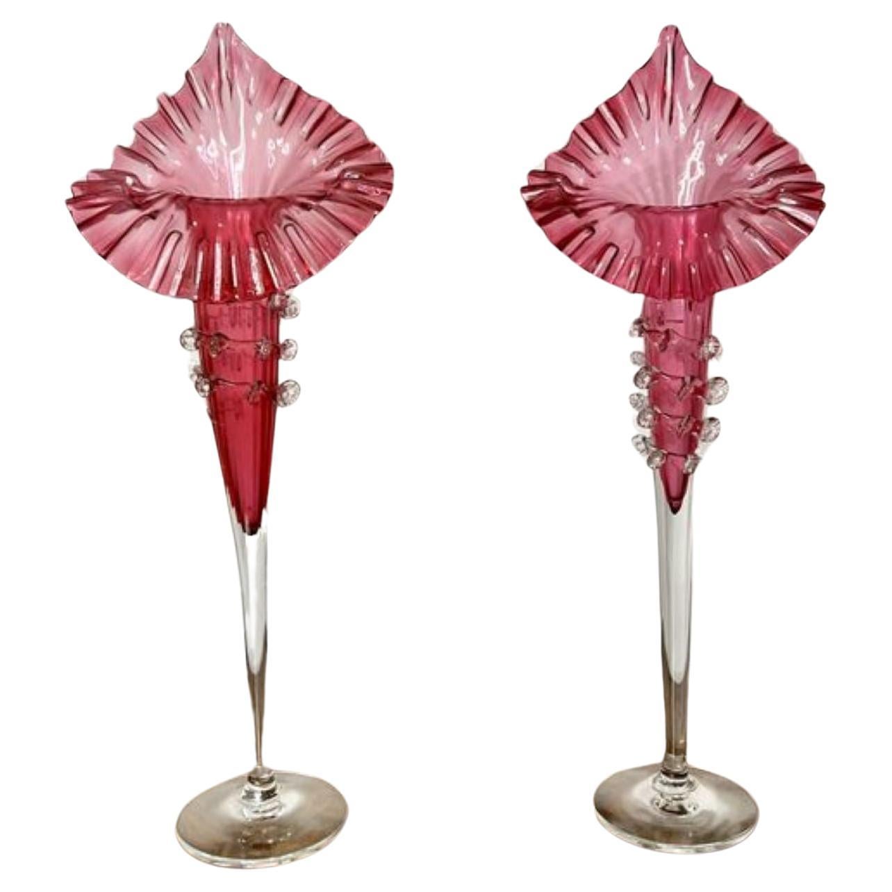 Elegant pair of large antique Victorian cranberry glass jack in the pulpit vases For Sale