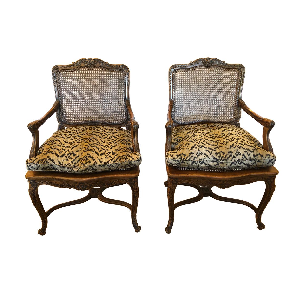 Elegant Pair of Large Carved Walnut French Fauteuil Armchairs