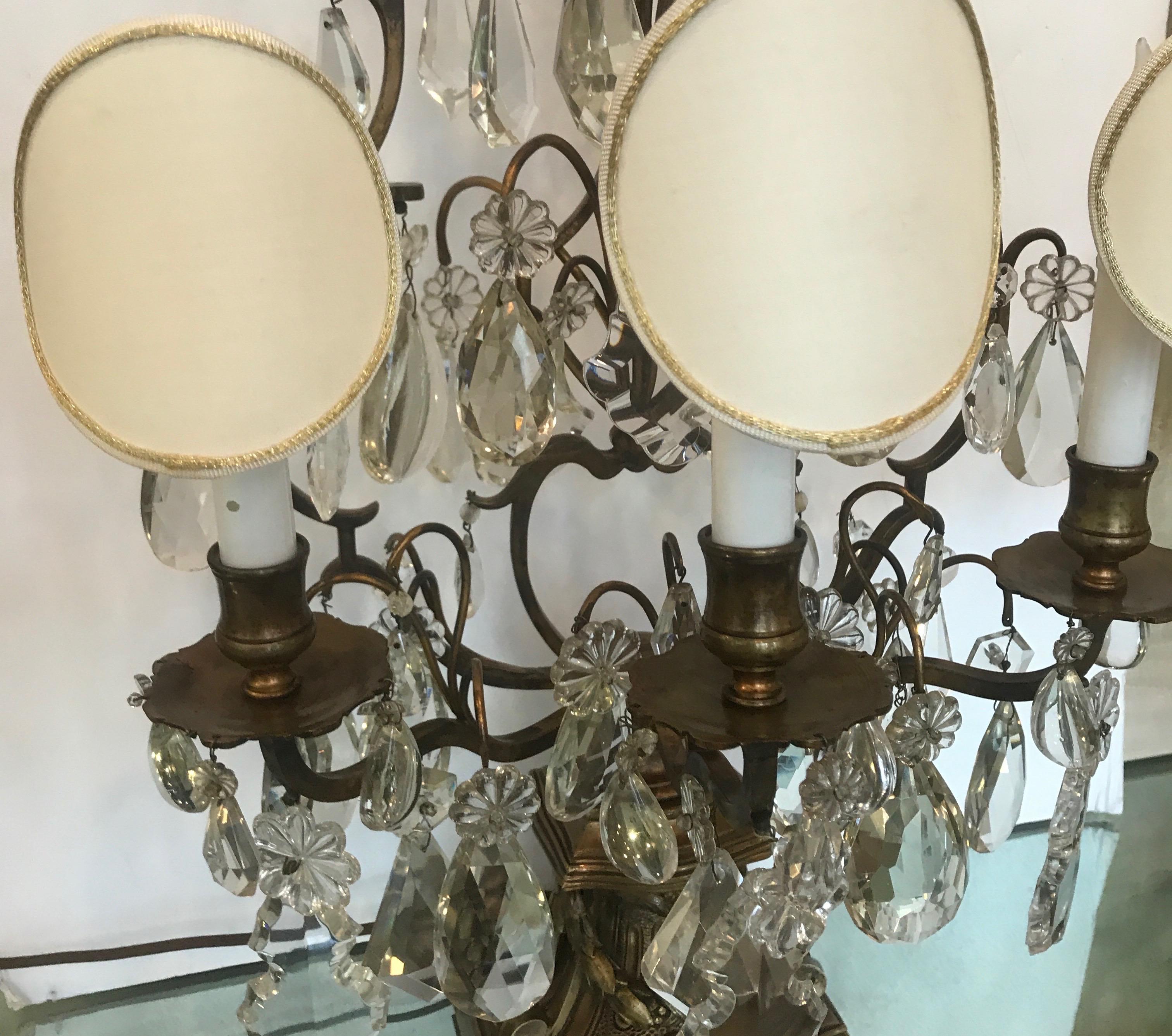 Elegant Pair of Large French Bronze and Crystal Girandoles In Good Condition In Lambertville, NJ