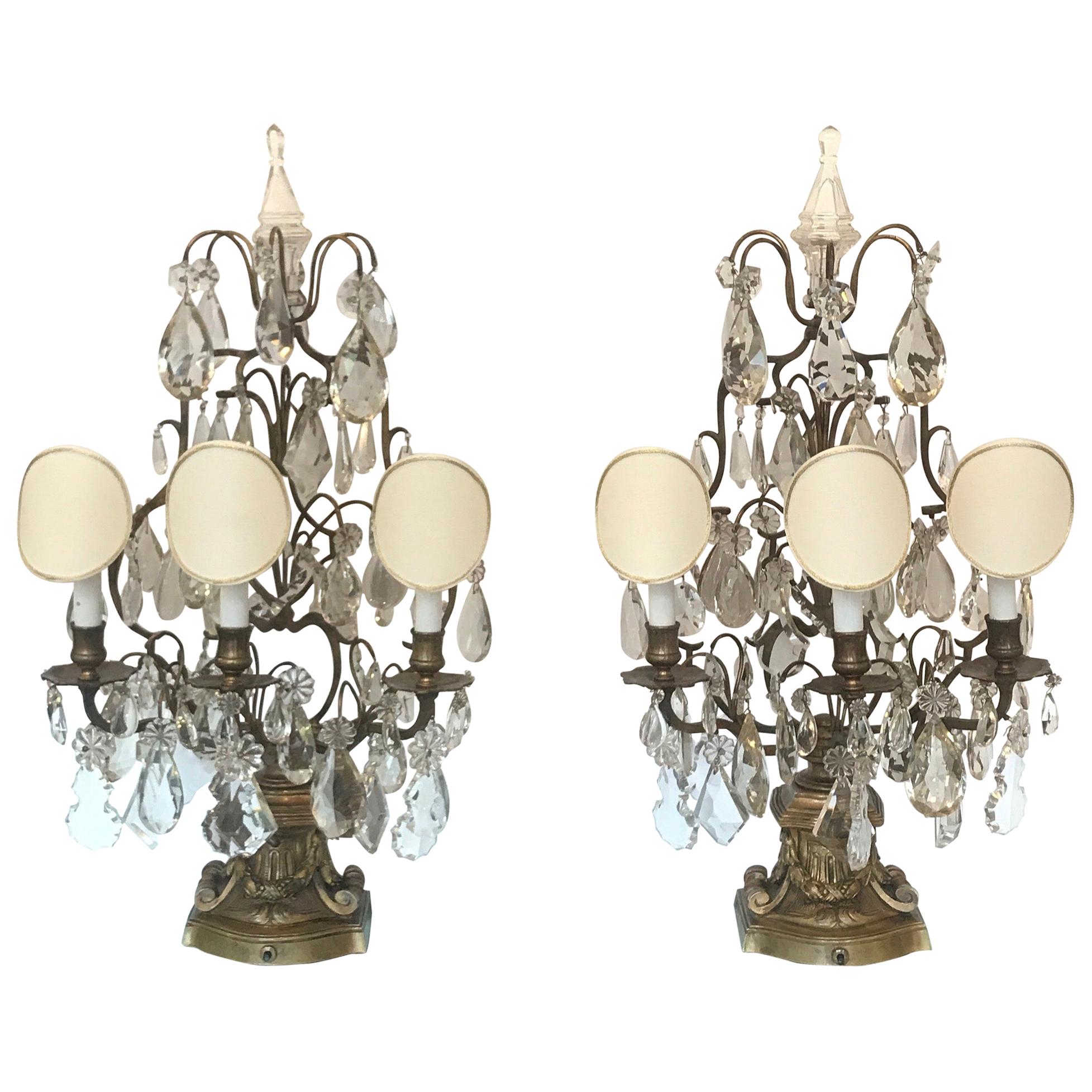 Elegant Pair of Large French Bronze and Crystal Girandoles