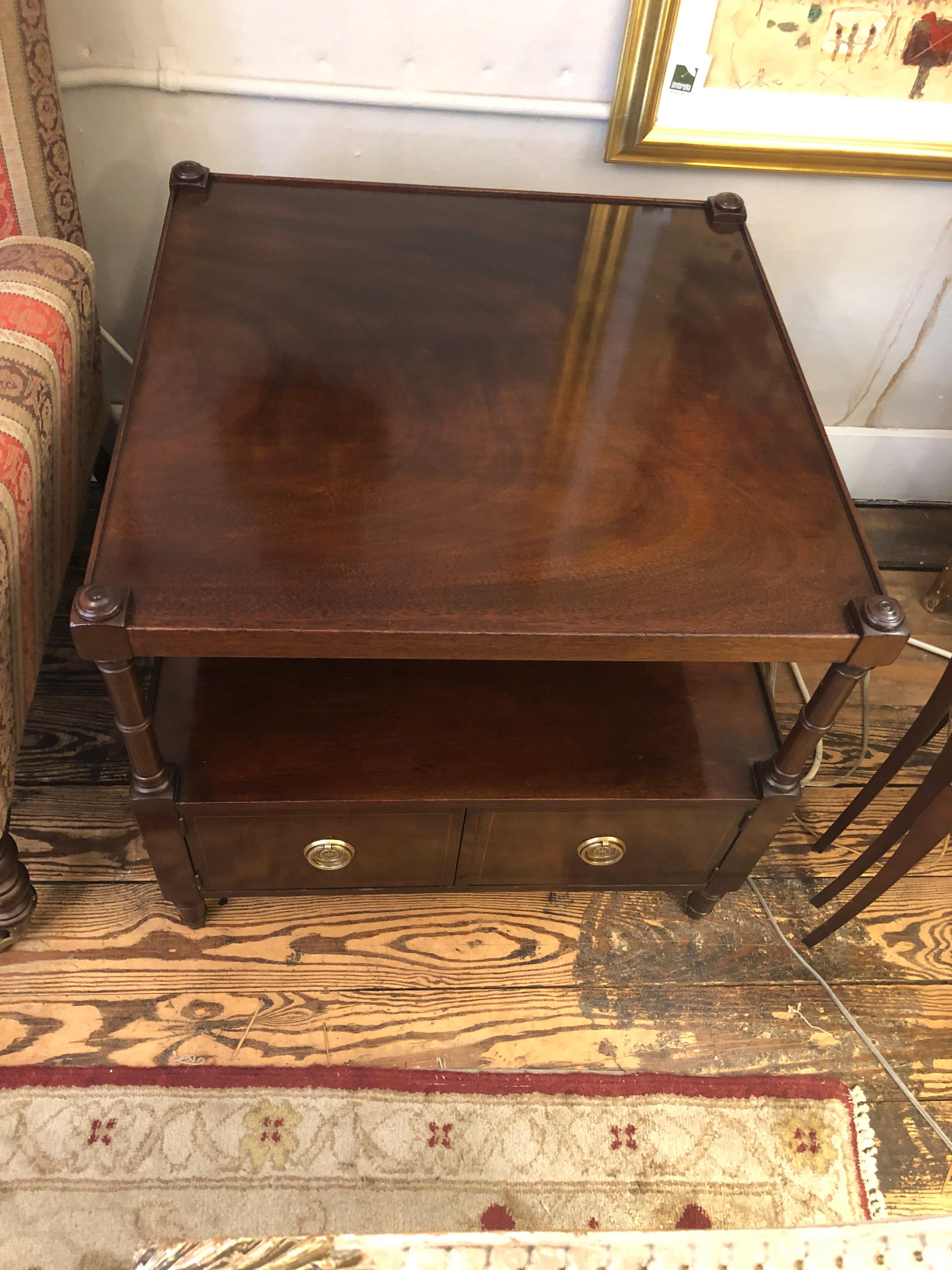 Handsome large pair of square glossy mahogany end tables or night stands having underneath level that tops two doors opening to reveal more storage. Elegant round brass hardware is a nice touch.