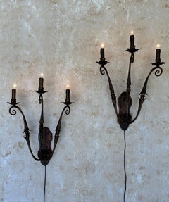 Elegant Pair of Large Three-Arm Spanish Sconces