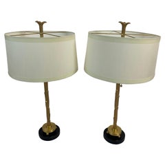 Elegant Pair of Leaf Motife Brass & Black Granite Table Lamps