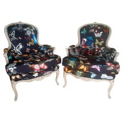 Elegant Pair of Louis XV Style Armchairs in Christian Lacroix Black Silk, Butter