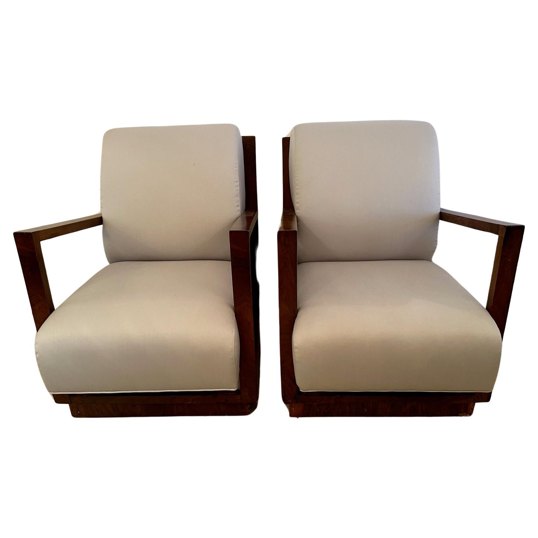 Elegant Pair of Mahogany & Upholstered Art Deco Vintage French Club Chairs