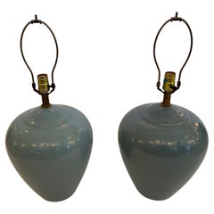 Elegant Pair of Mid-Century Modern Grey Blue Pottery Table Lamps