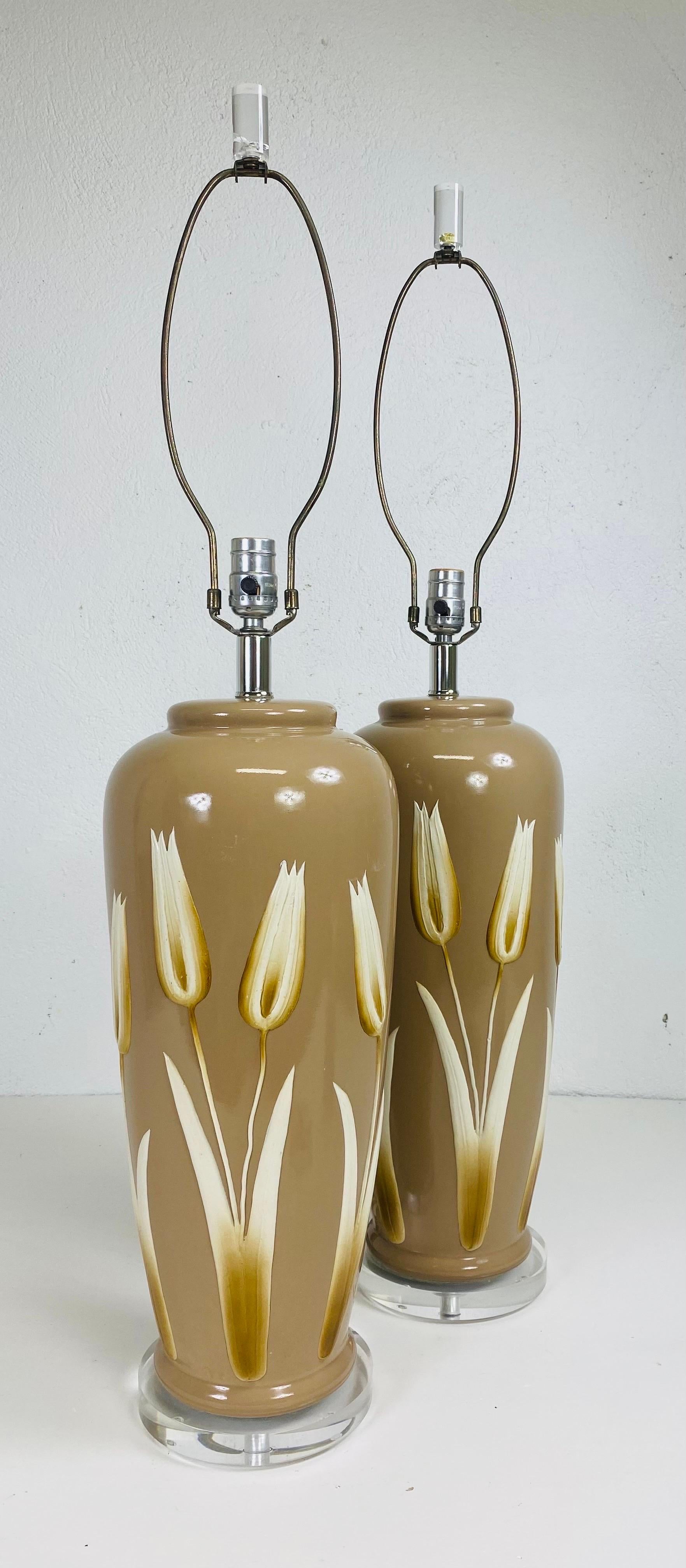 Elegant pair of mid century pottery table lamps/ pair For Sale 2
