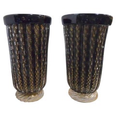 Elegant Pair of Murano Black & Gold Vases by Pino Signoretto. Italy, 1960's.