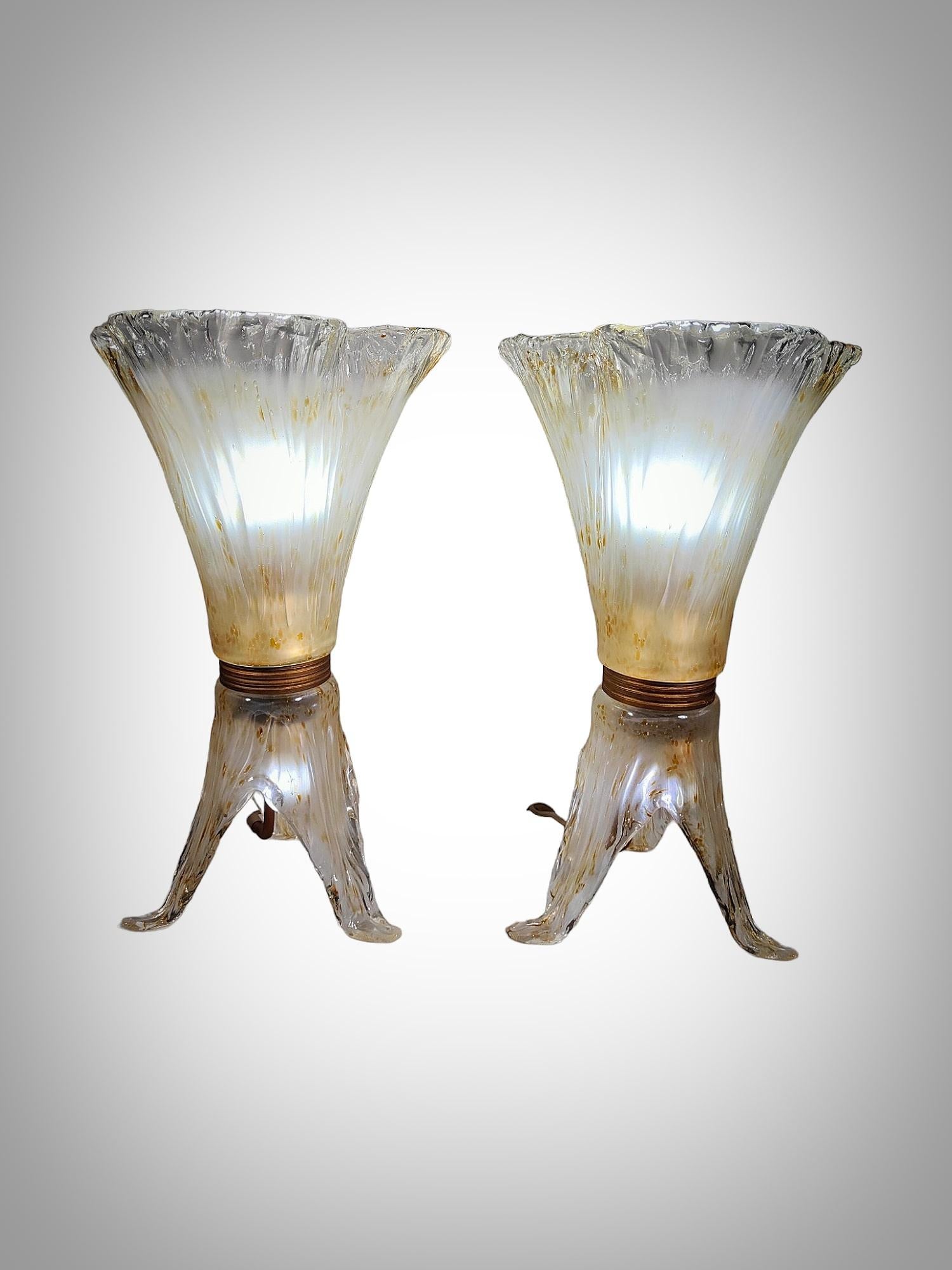 Late 20th Century Elegant Pair of Murano Glass Table Lamps - 1970s For Sale