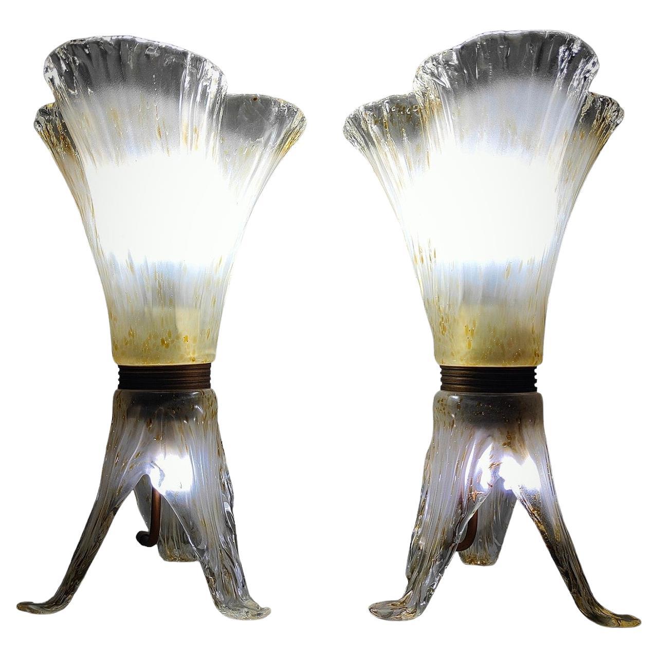 Elegant Pair of Murano Glass Table Lamps - 1970s For Sale