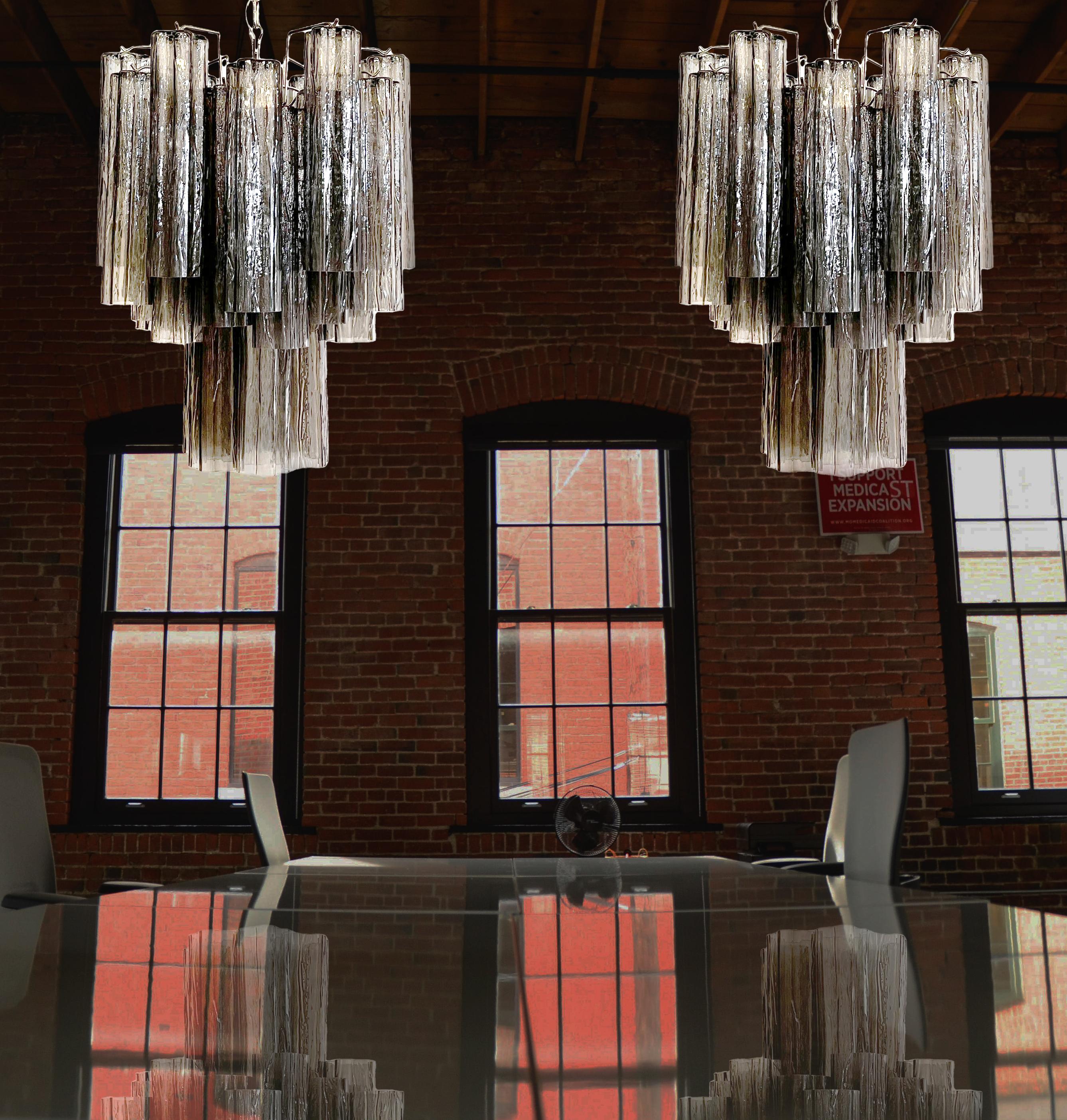 Industrial Elegant Pair of Murano Smoked Glass Tube Chandeliers For Sale