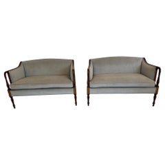 Elegant Pair of Newly Upholstered Mahogany & Grey Velvet Settees Loveseats