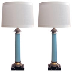 Elegant Pair of Paul Hanson 1960s Columnar-Form Pale-Blue Glass Lamps