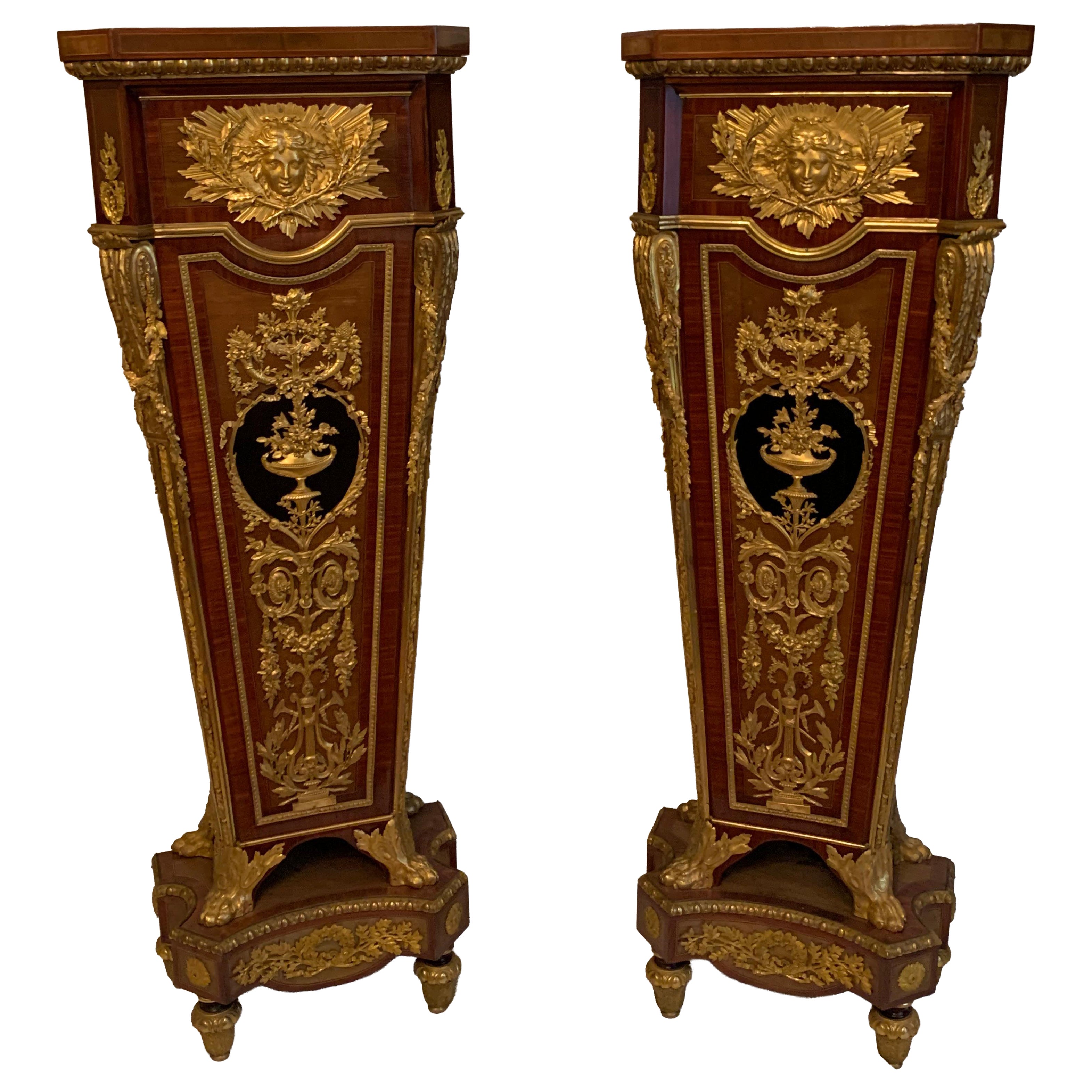 Elegant pair of pedestal in maraquetry and bronze 19TH century