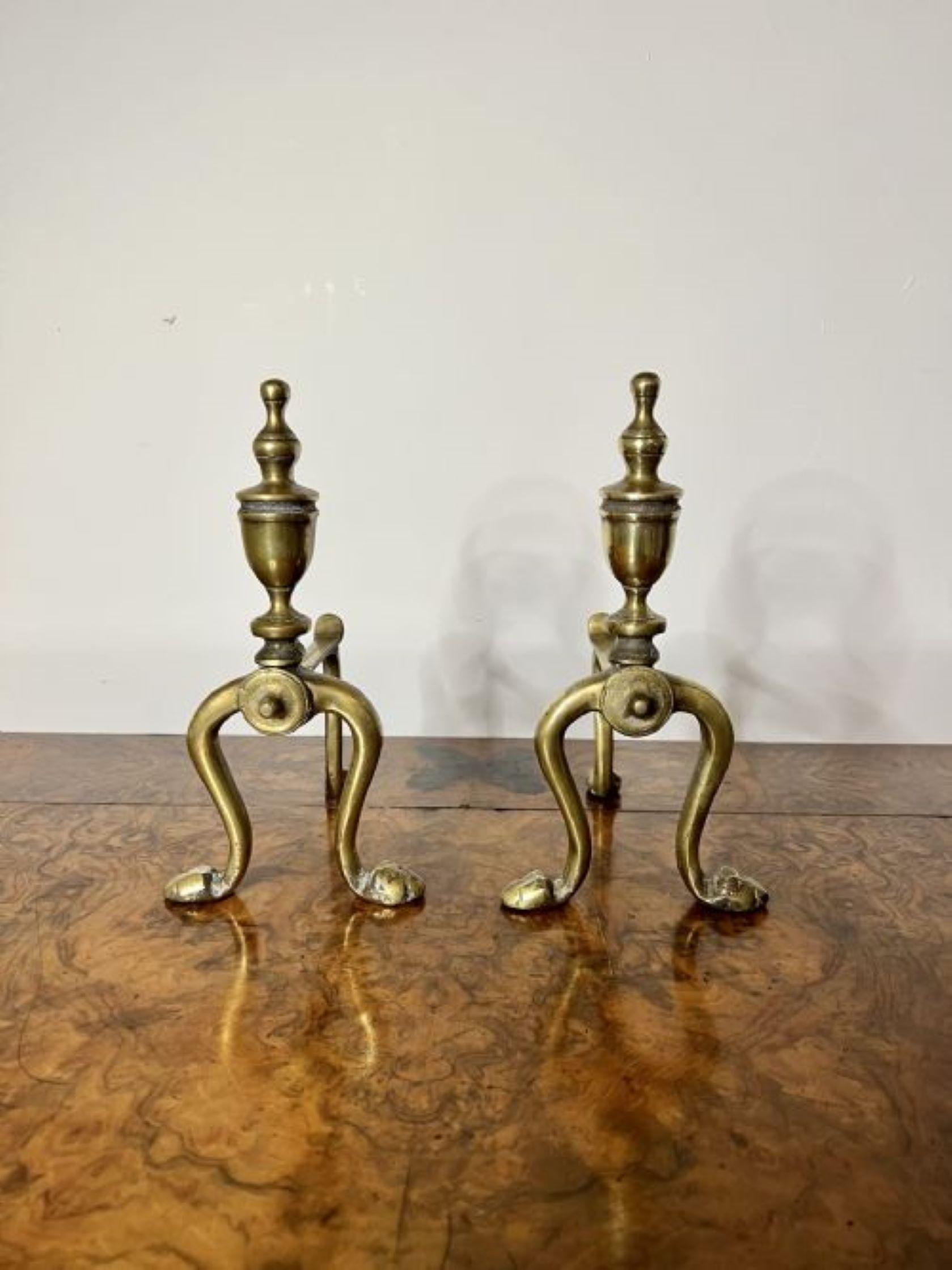 Brass Elegant pair of quality antique Victorian brass fire dogs  For Sale