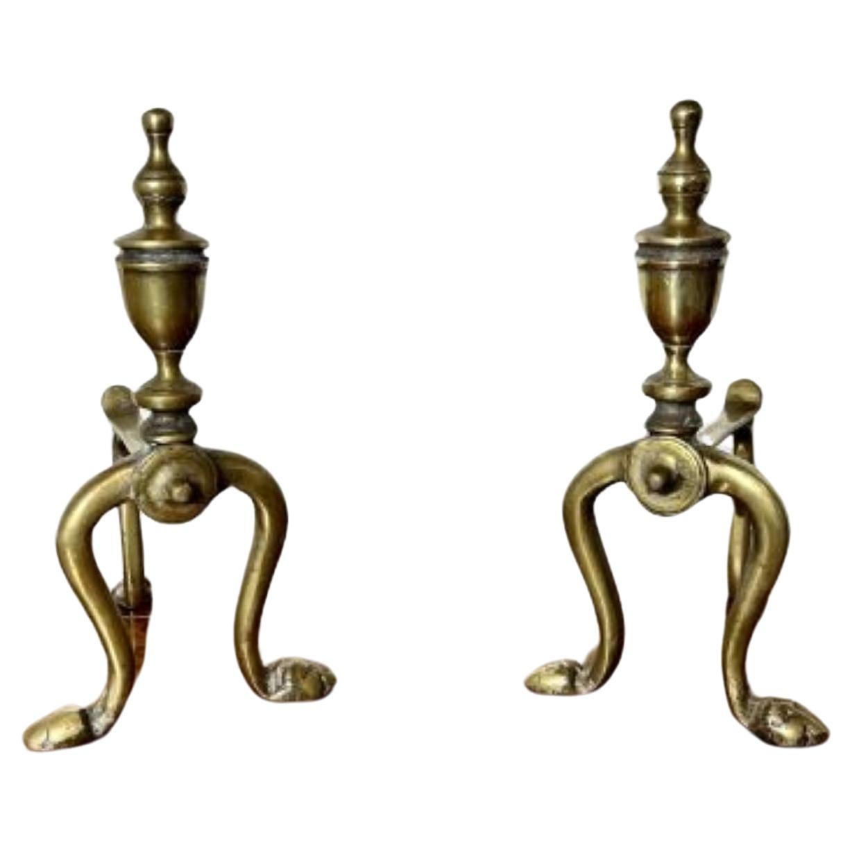 Elegant pair of quality antique Victorian brass fire dogs  For Sale