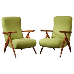 Retro Elegant Pair of Reclining Green Armchairs in Fruitwood and Brass, Italy 1950s