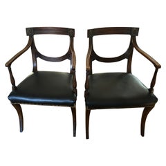Elegant Pair of Regency Mahogany & Black Leather Armchairs