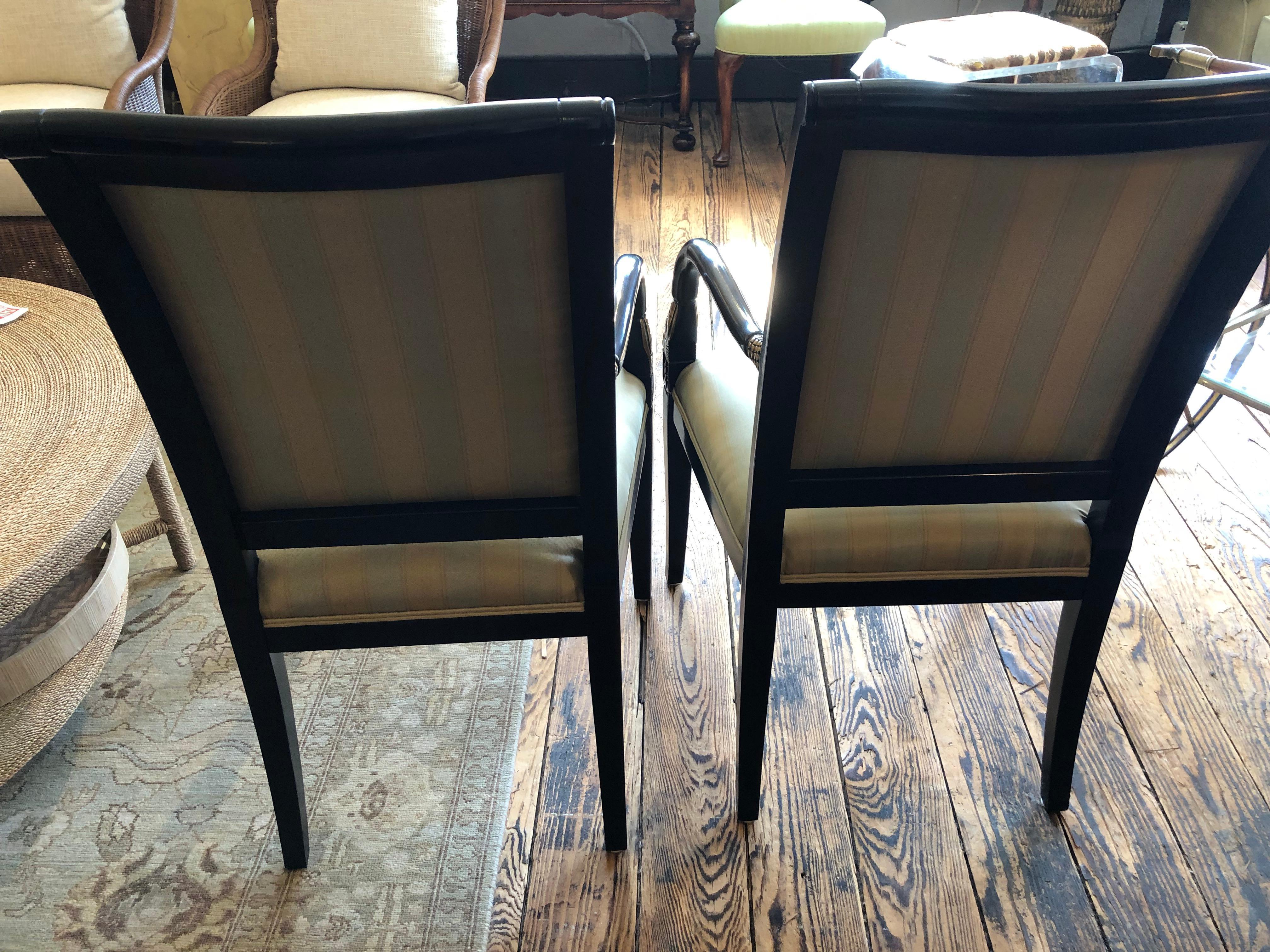 Elegant Pair of Regency Style Black & Gold Dolphin Motif Armchairs In Good Condition For Sale In Hopewell, NJ