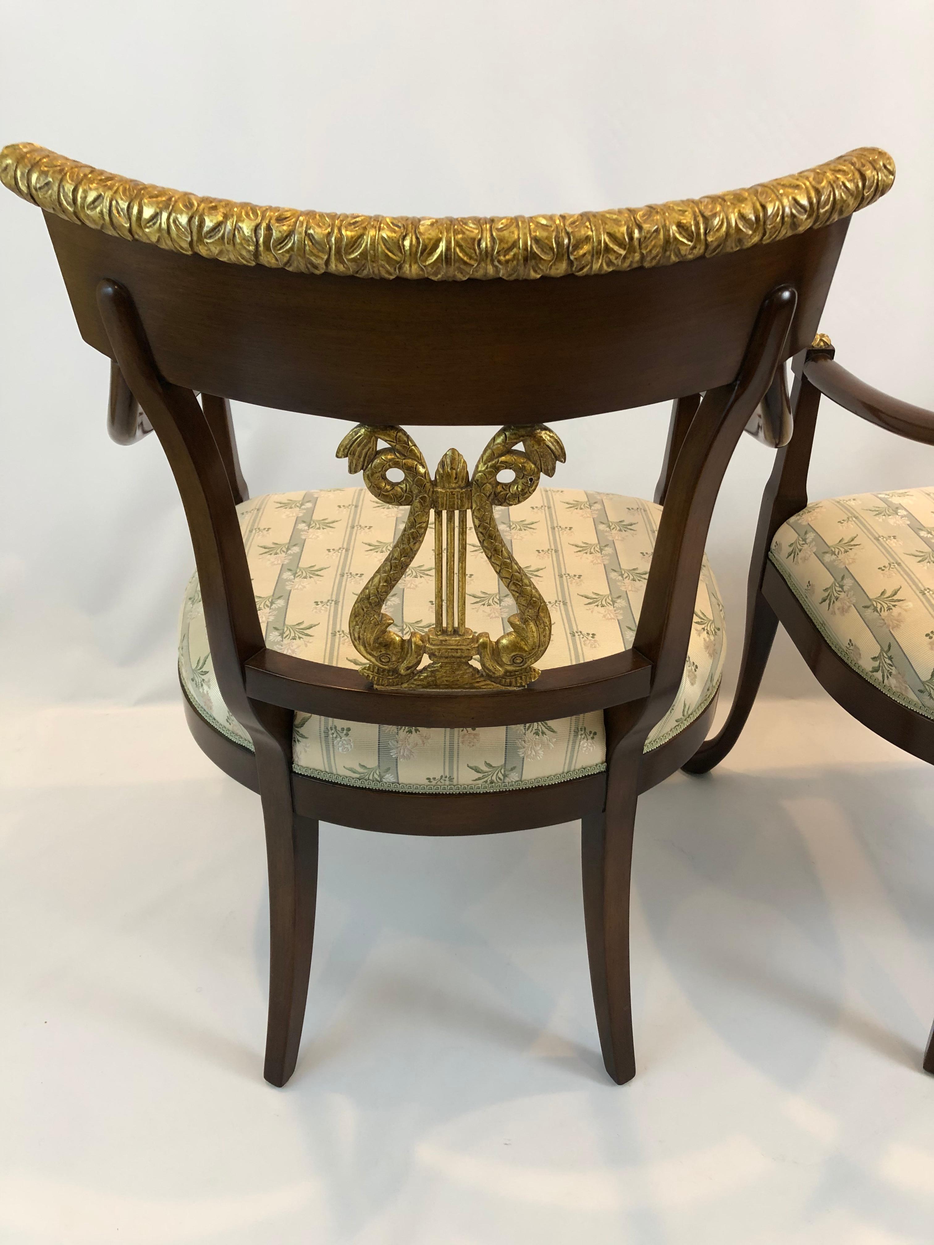 Elegant Pair of Regency Style Nancy Corzine Carved Wood & Gilded Armchairs 4