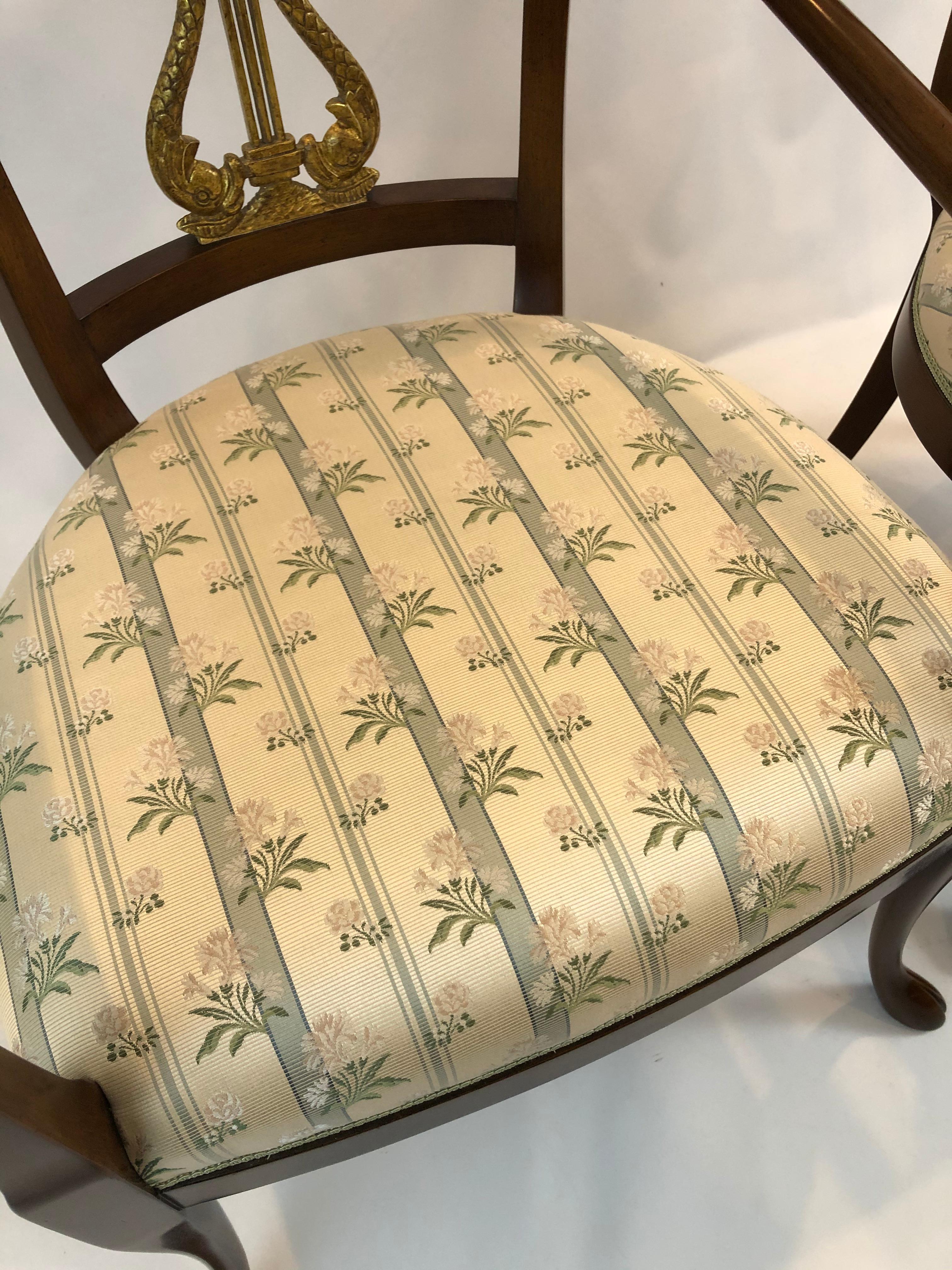 Upholstery Elegant Pair of Regency Style Nancy Corzine Carved Wood & Gilded Armchairs