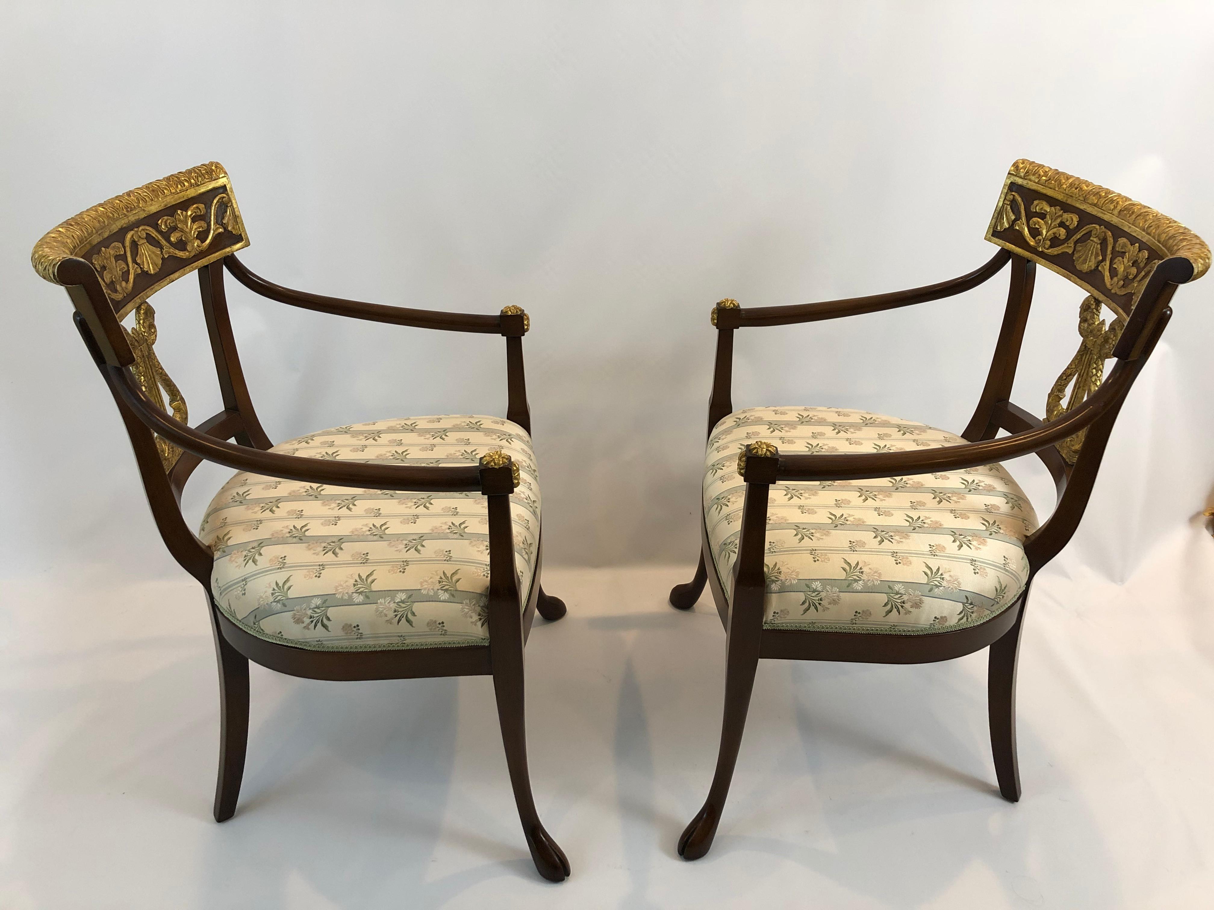 Elegant Pair of Regency Style Nancy Corzine Carved Wood & Gilded Armchairs 1