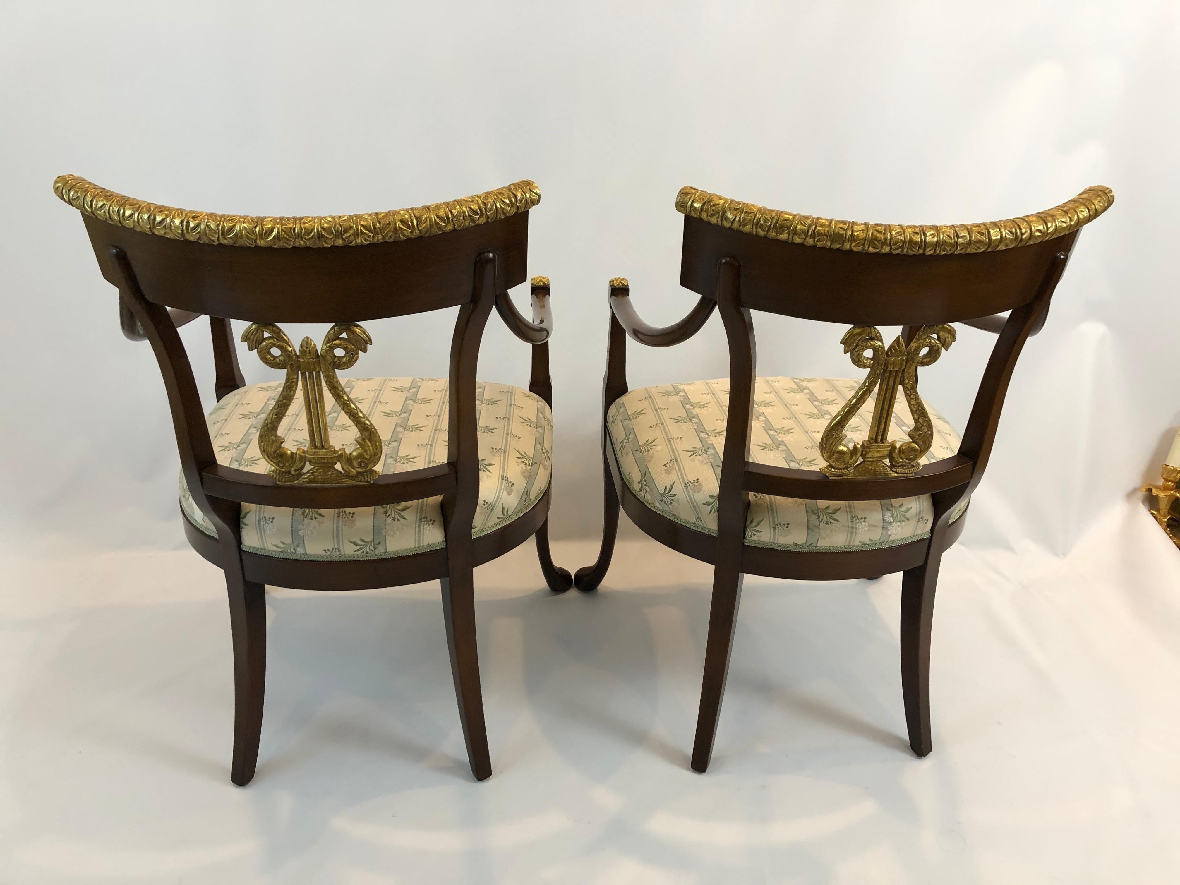 Elegant Pair of Regency Style Nancy Corzine Carved Wood & Gilded Armchairs 2