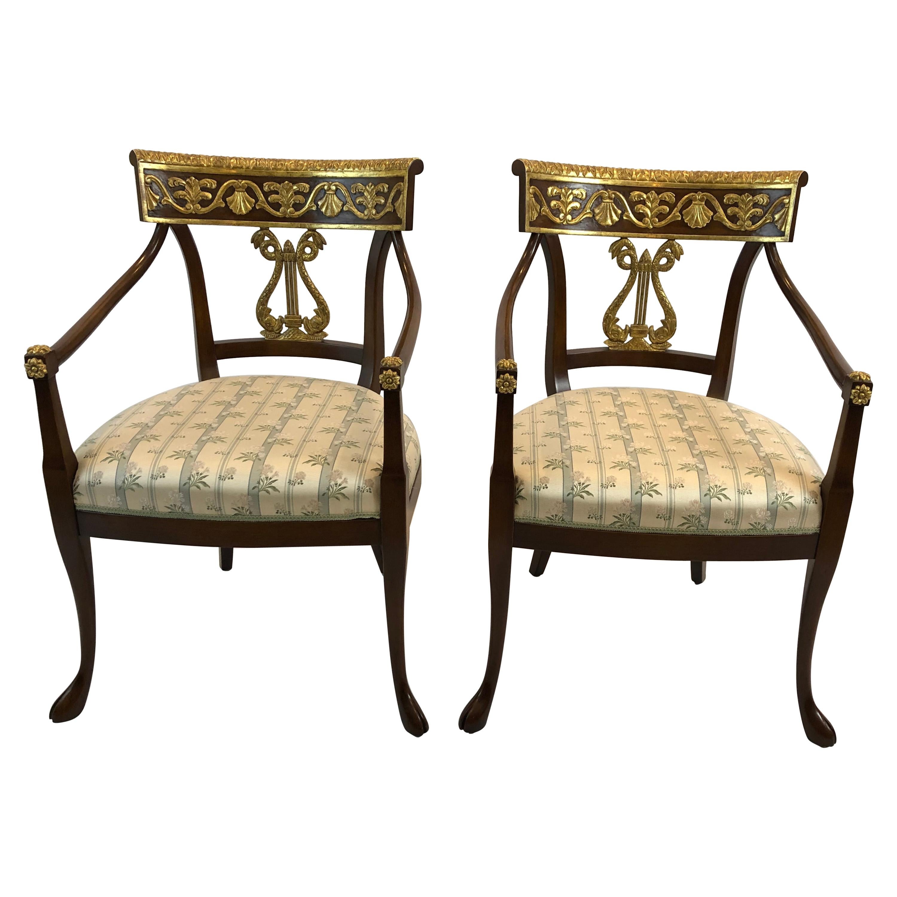 Elegant Pair of Regency Style Nancy Corzine Carved Wood & Gilded Armchairs