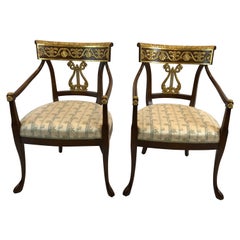 Elegant Pair of Regency Style Nancy Corzine Carved Wood & Gilded Armchairs