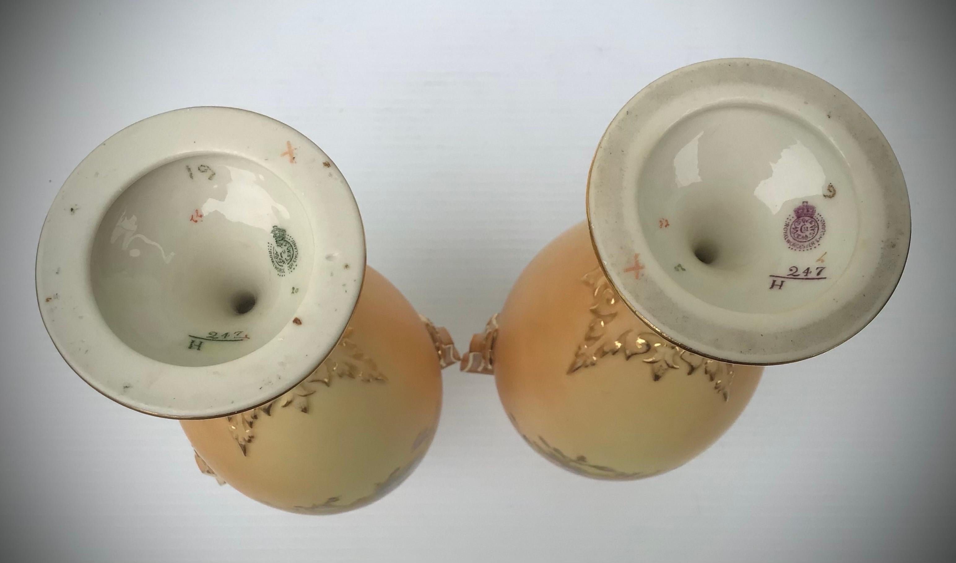 Greek Revival Elegant Pair of Royal Worcester Blush Ivory Vases For Sale