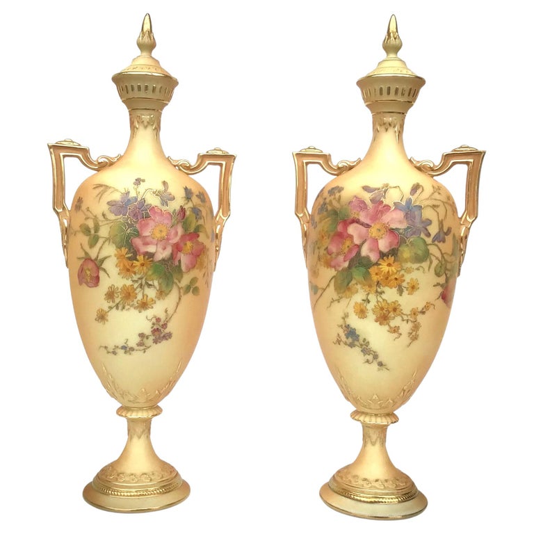Elegant Pair of Royal Worcester Blush Ivory Vases For Sale at 1stDibs