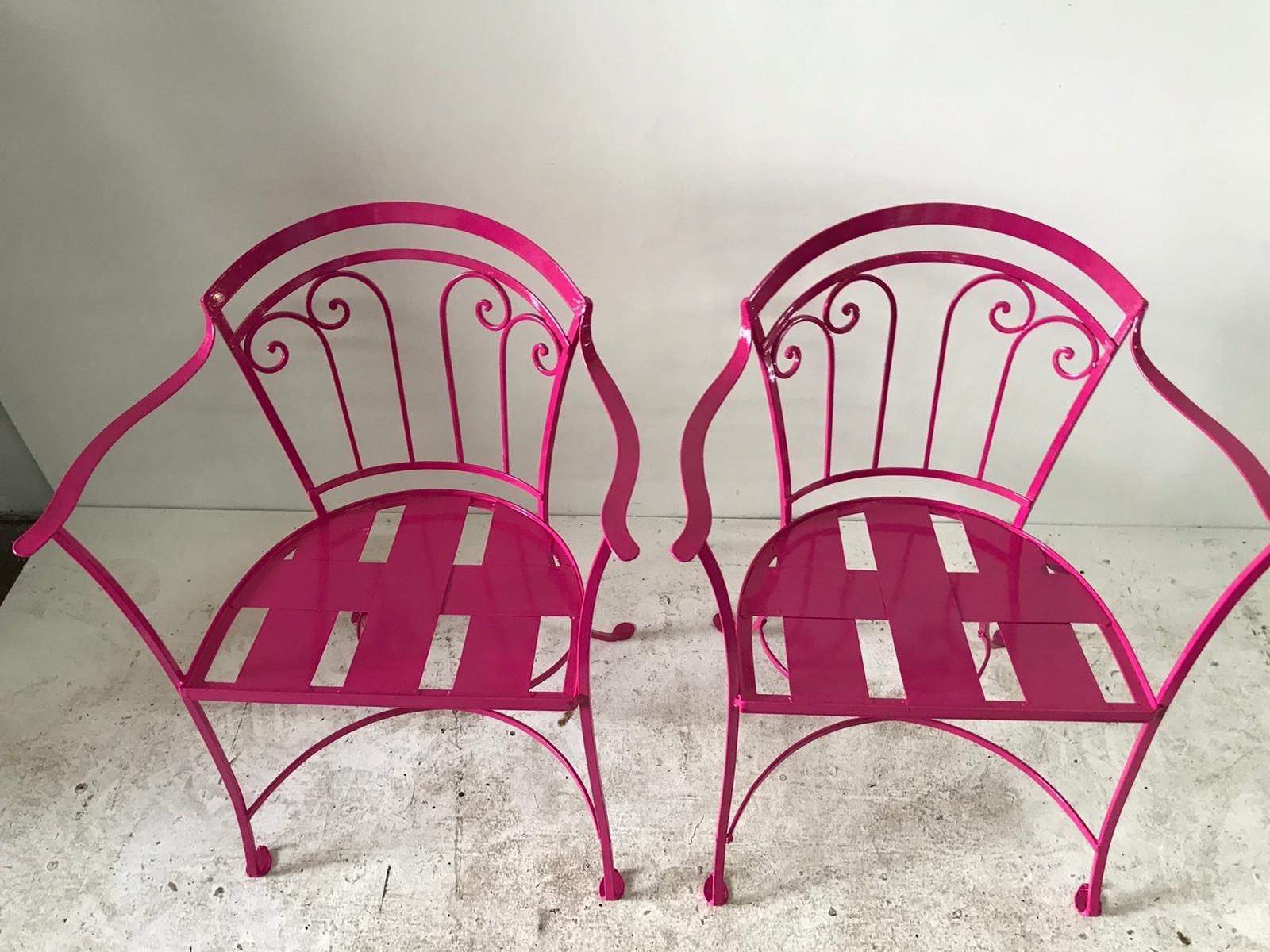 Hollywood Regency Elegant Pair of Salterini Wrought Iron Armchairs in Passion Pink For Sale