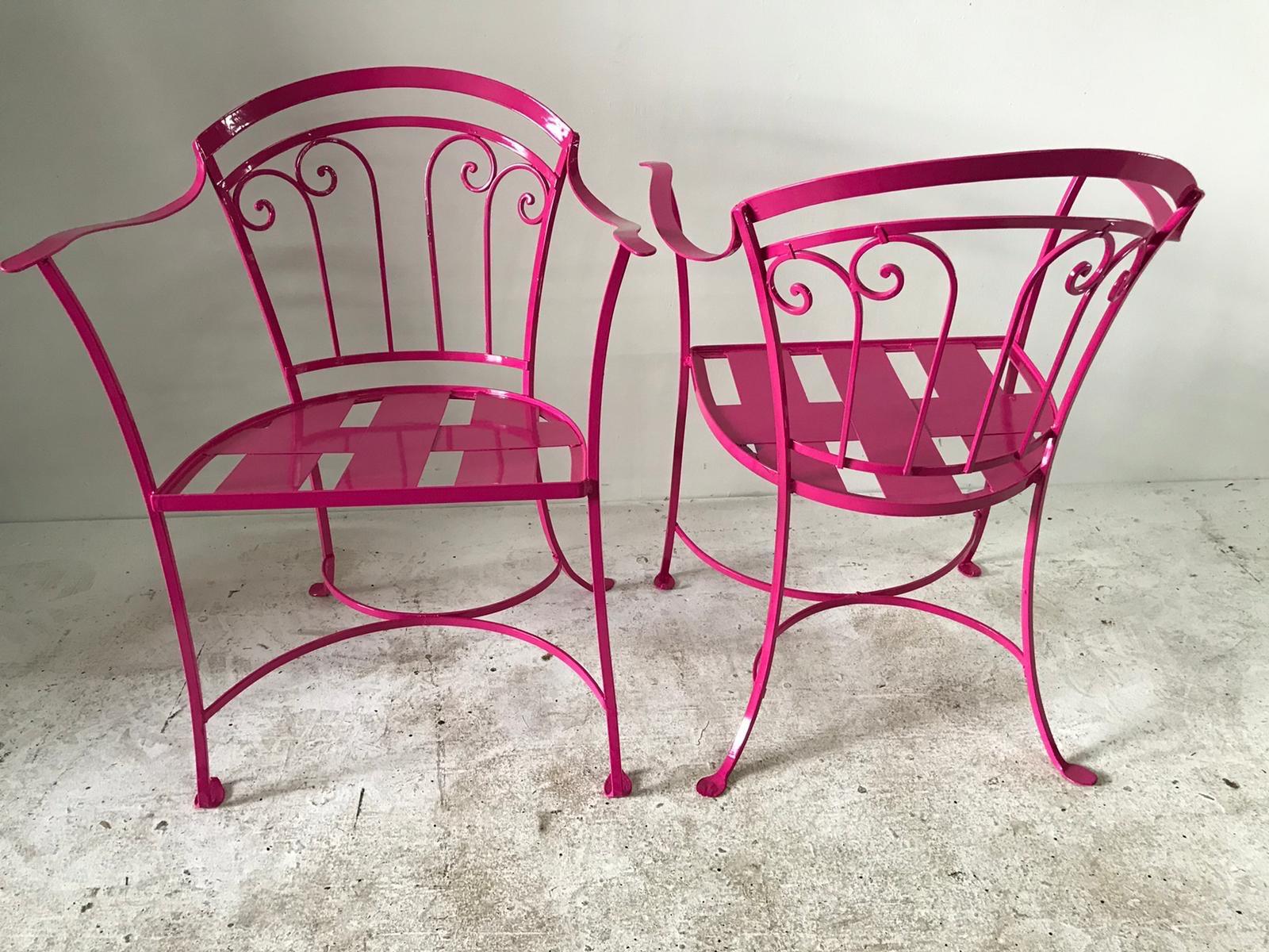 American Elegant Pair of Salterini Wrought Iron Armchairs in Passion Pink For Sale