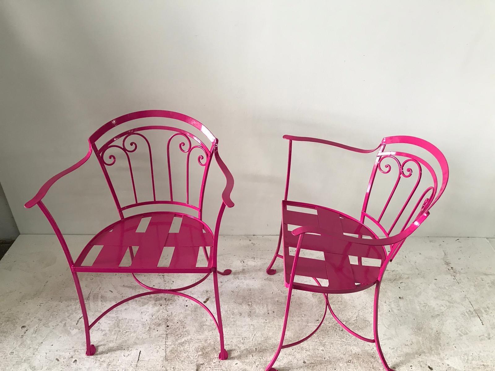 Powder-Coated Elegant Pair of Salterini Wrought Iron Armchairs in Passion Pink For Sale