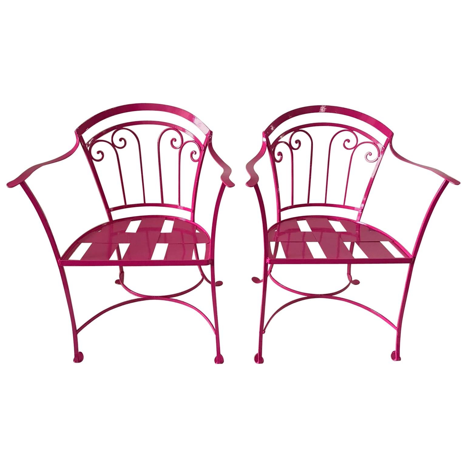 Elegant Pair of Salterini Wrought Iron Armchairs in Passion Pink