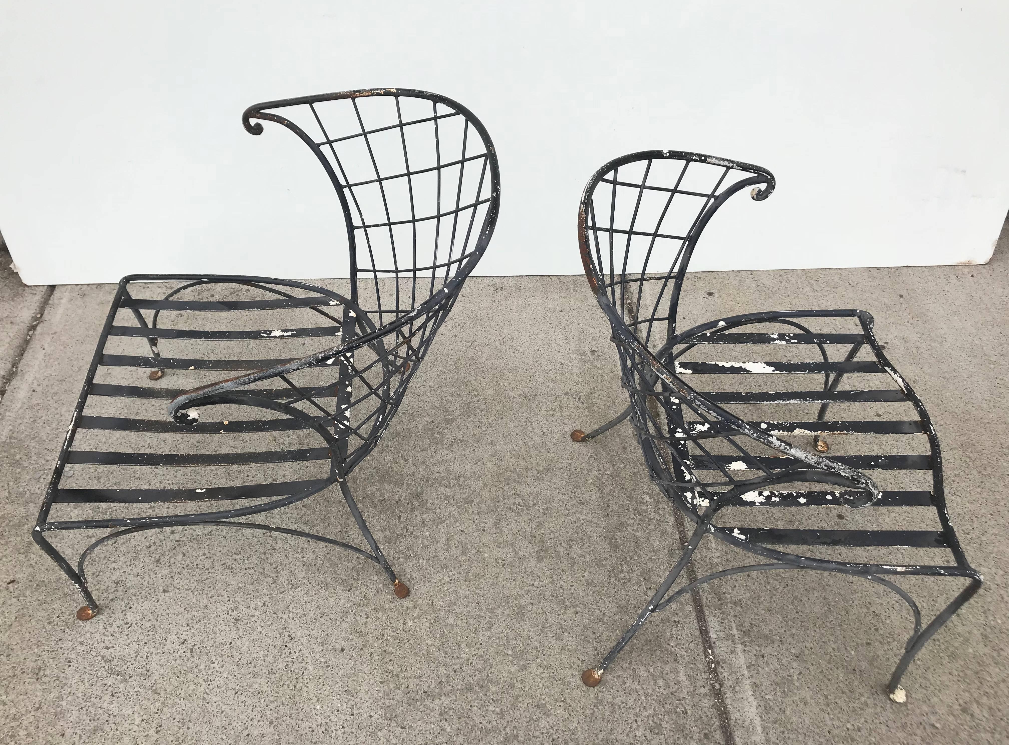 20th Century Elegant Pair of Salterini Wrought Iron Outdoor Patio Garden Chairs