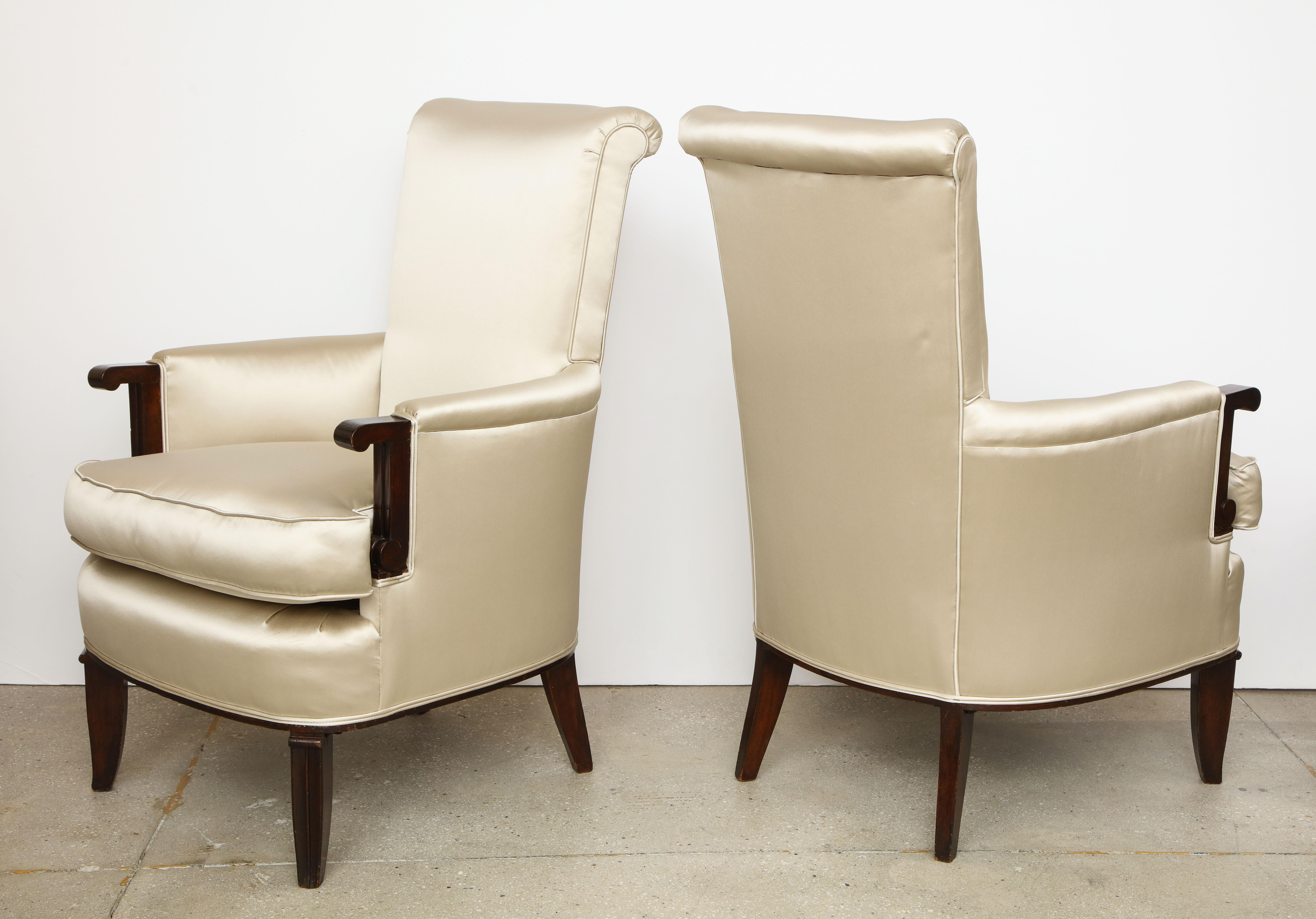 Elegant Pair of Satin and Walnut Armchairs by Jules Leleu 3