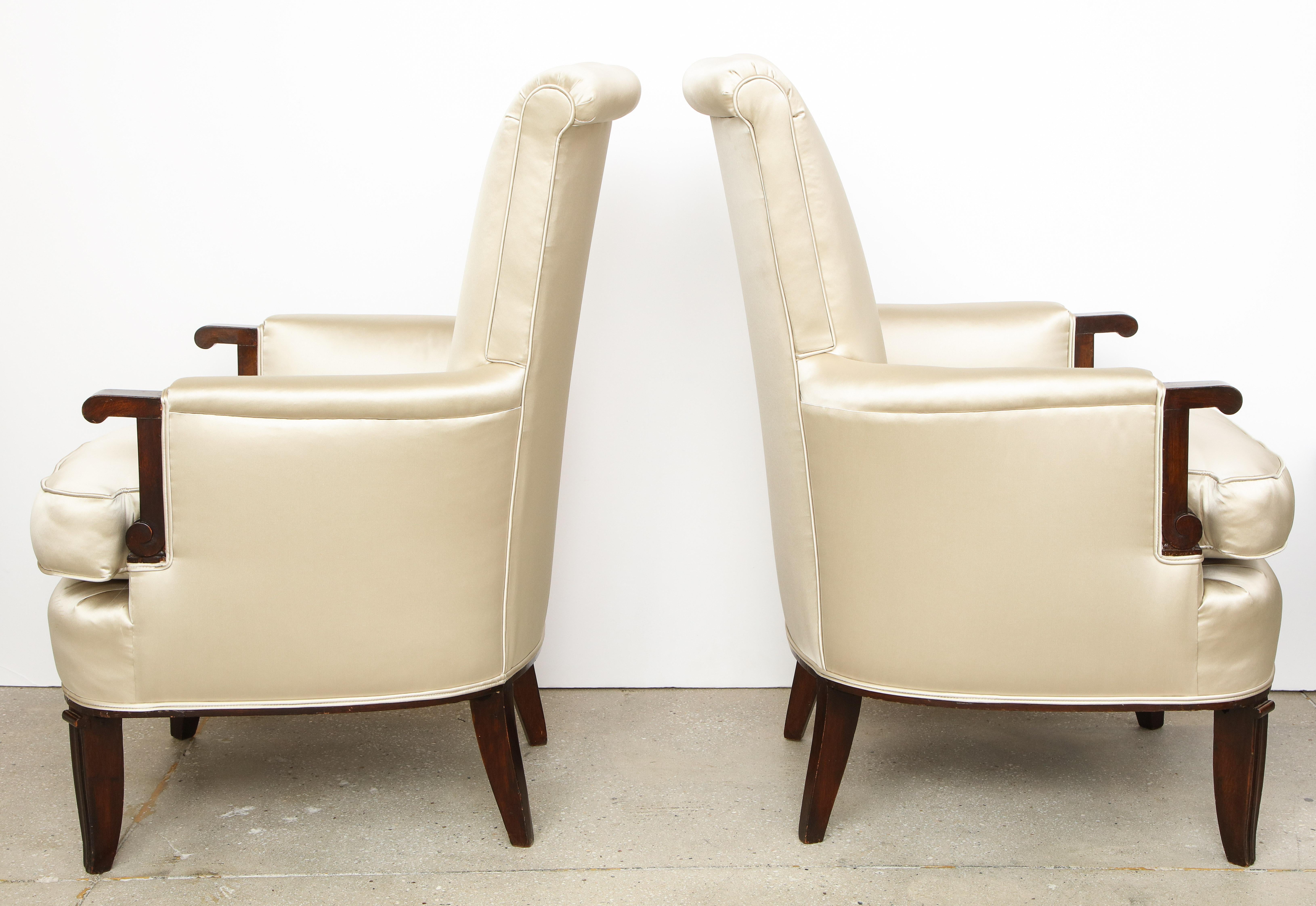 Mid-20th Century Elegant Pair of Satin and Walnut Armchairs by Jules Leleu