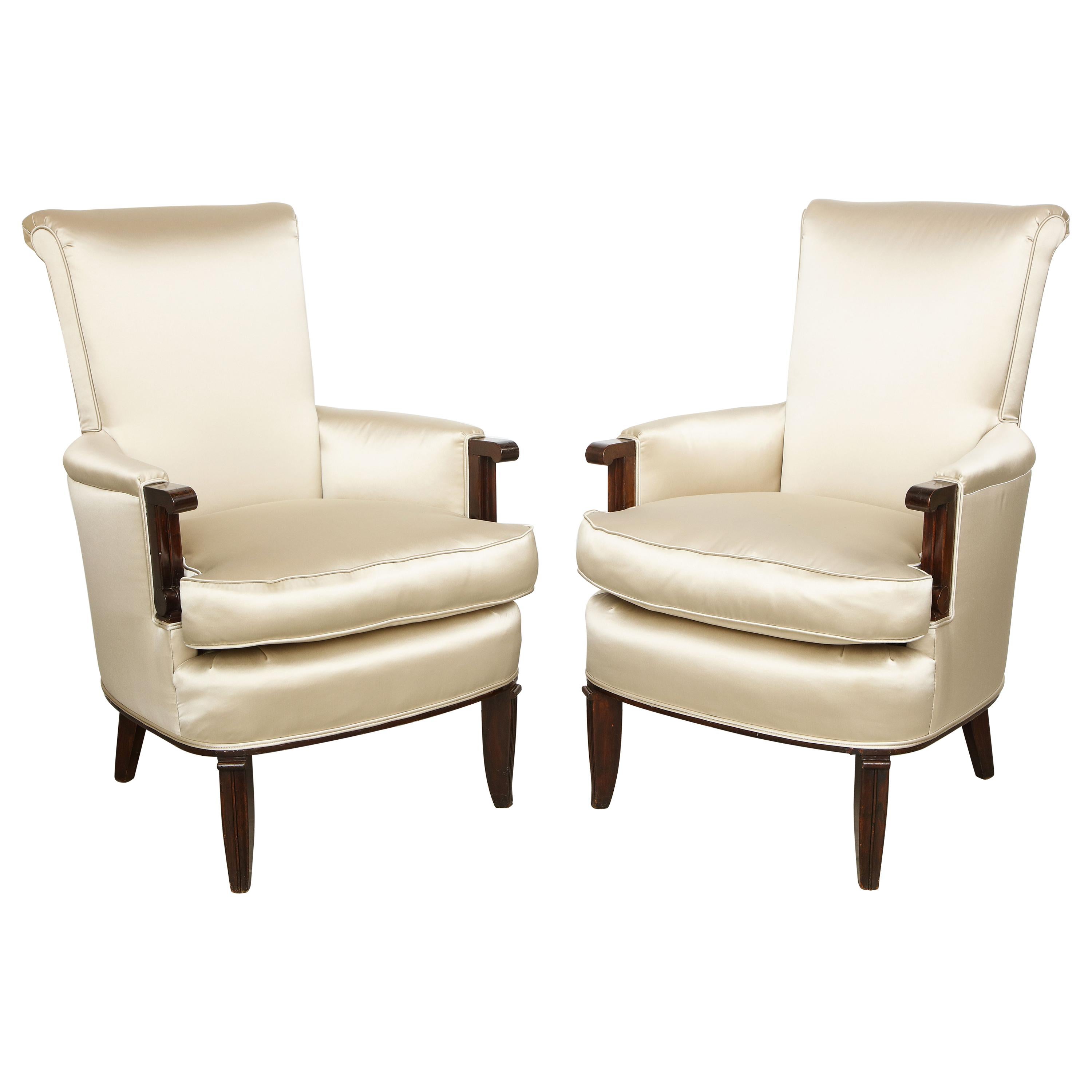Elegant Pair of Satin and Walnut Armchairs by Jules Leleu