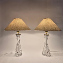 Elegant pair of Scandinavian Modern table lamps with Orrefors glass and brass