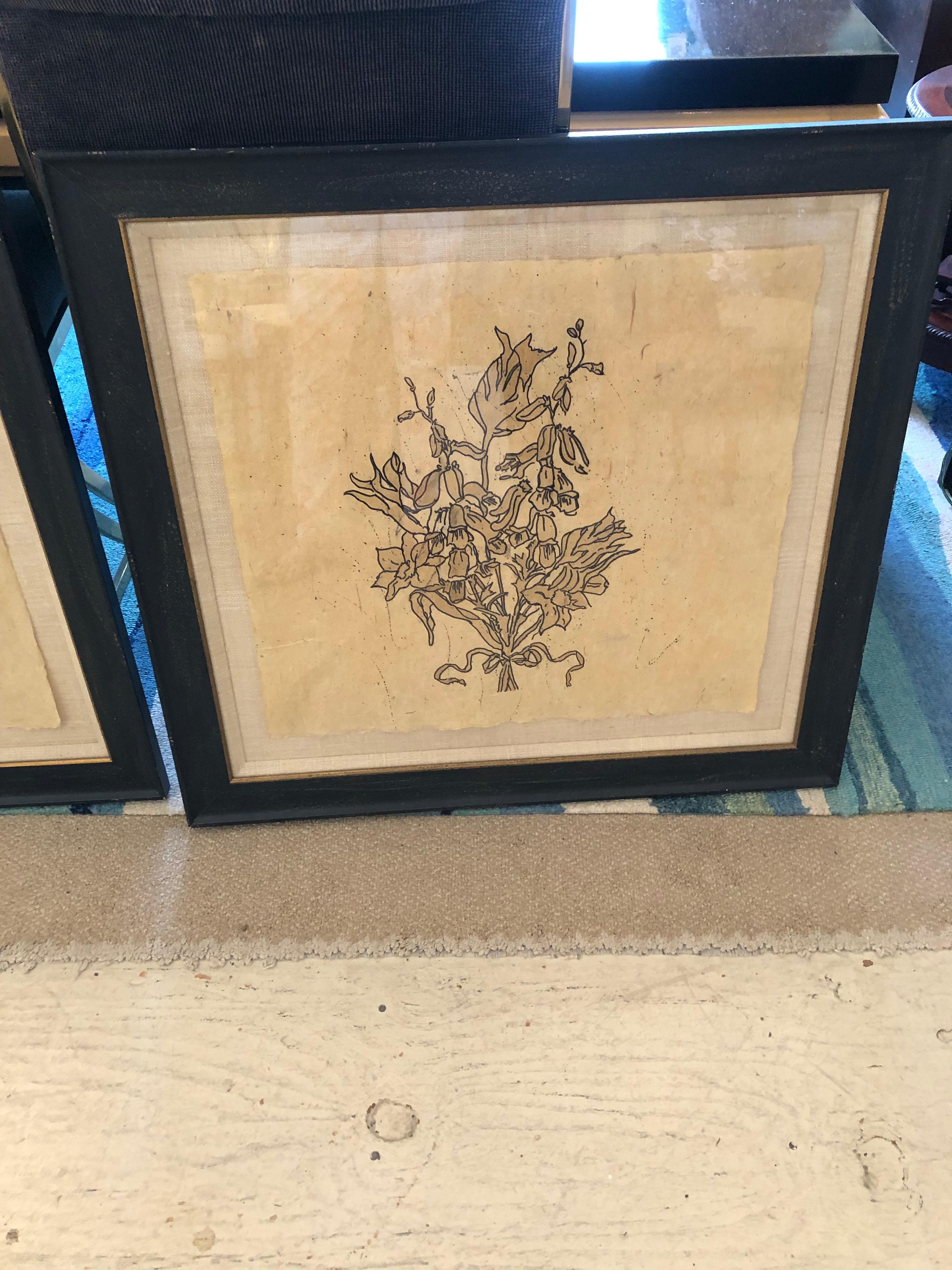 Contemporary Elegant Pair of Sepia Drawings of Flowers Handsomely Framed For Sale