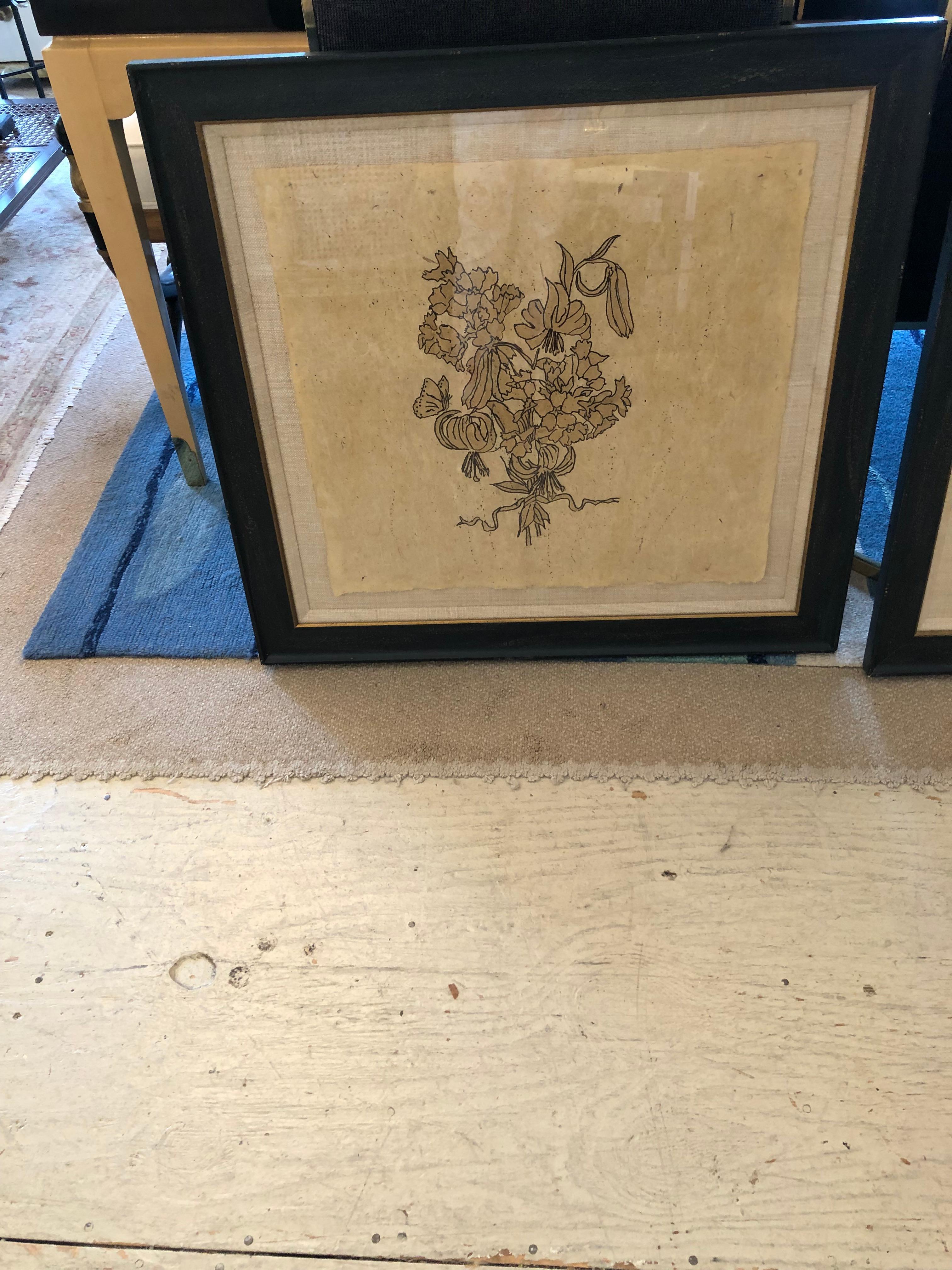 Paper Elegant Pair of Sepia Drawings of Flowers Handsomely Framed For Sale
