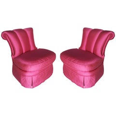 Vintage Elegant Pair of Slipper Chairs in Pink Silk