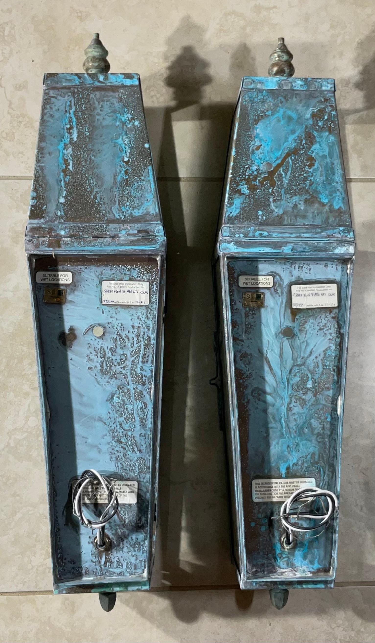 Elegant Pair of Solid Brass Wall-Mounted Lanterns   26”.5 h x 6” w x 6”.5 d For Sale 4