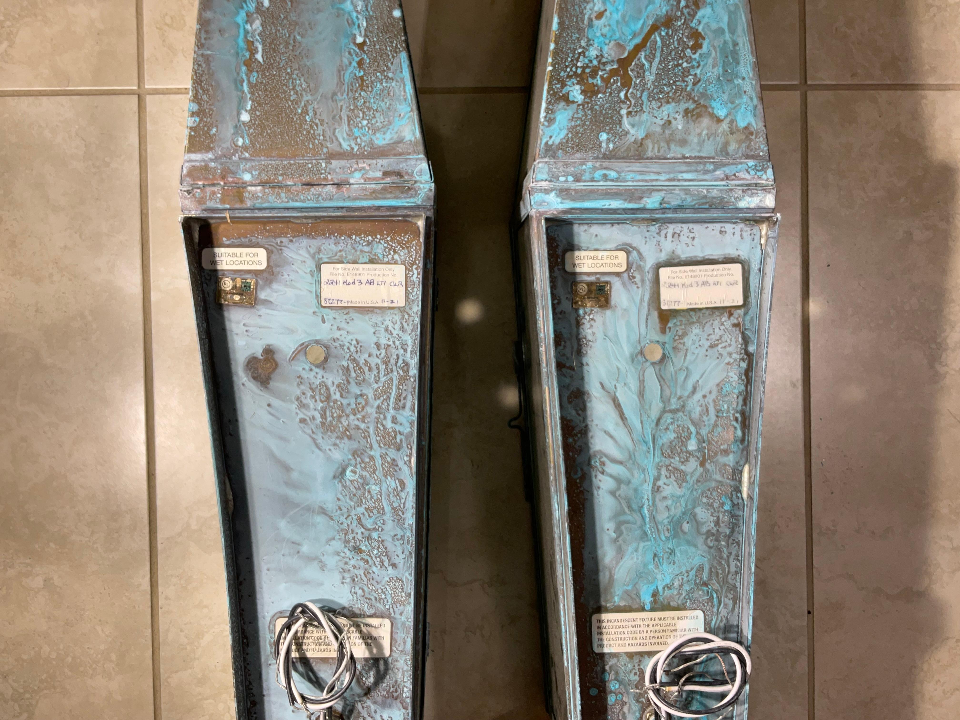 Elegant Pair of Solid Brass Wall-Mounted Lanterns   26”.5 h x 6” w x 6”.5 d For Sale 5